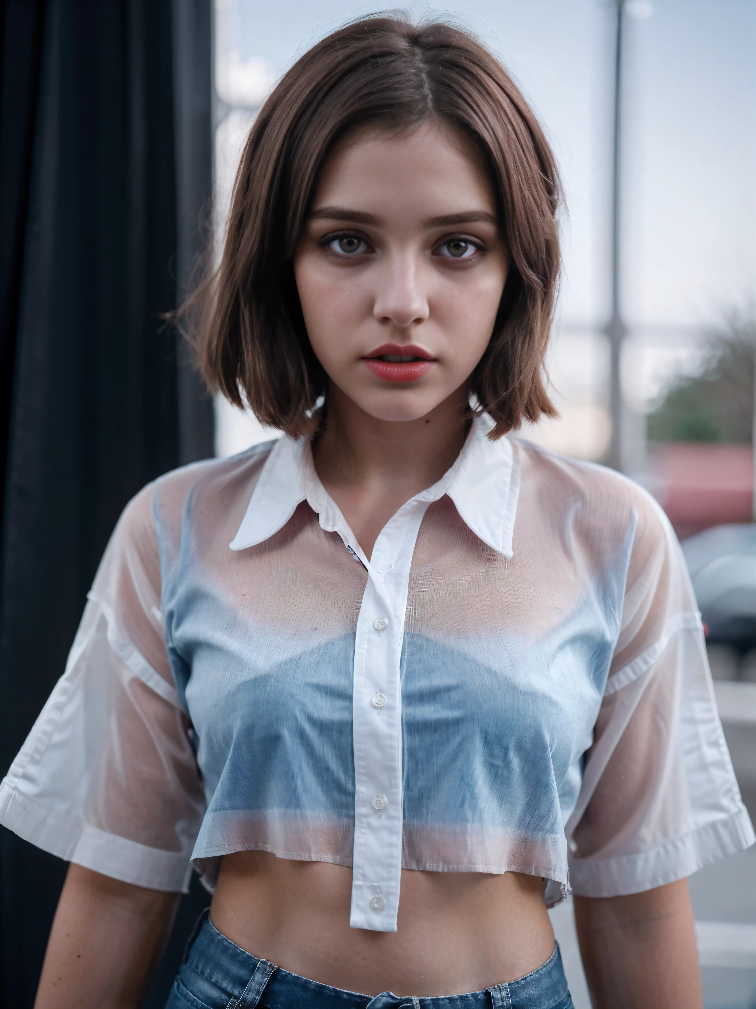 Boycut brown shining hair, (RAW photo), (realism: 1.8), (gloss red lipstick, many eyelashes, dark black eye shadow, sad, tears, high quality, high resolution, depth of field, chromatic aberration, caustic, wide light, dark pink fair glossy skin, (21 year old woman), stylish college girl, white shirt-blue jeans, lots of exposure, visible 8k resolutions, angle wings