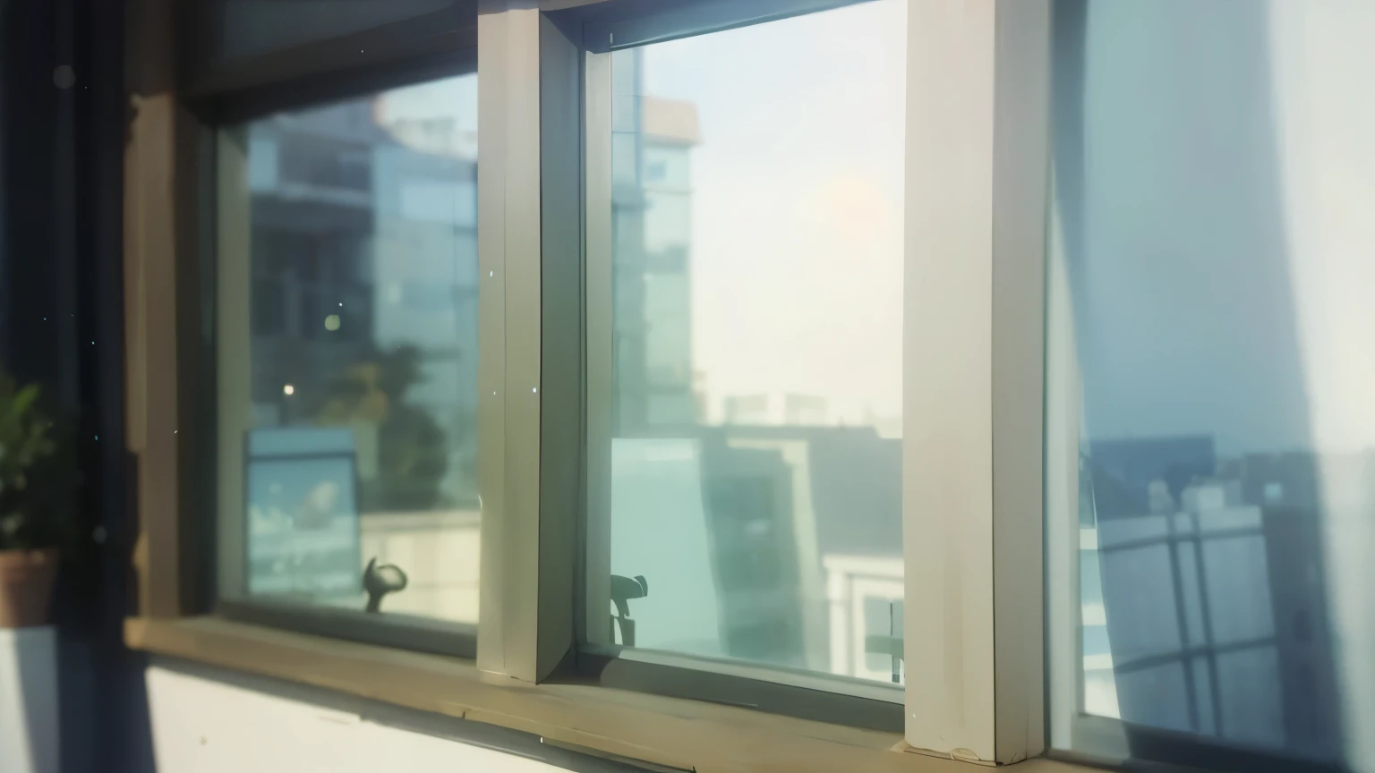 4 windows on a house, windows mirrors the city, bright sunny day