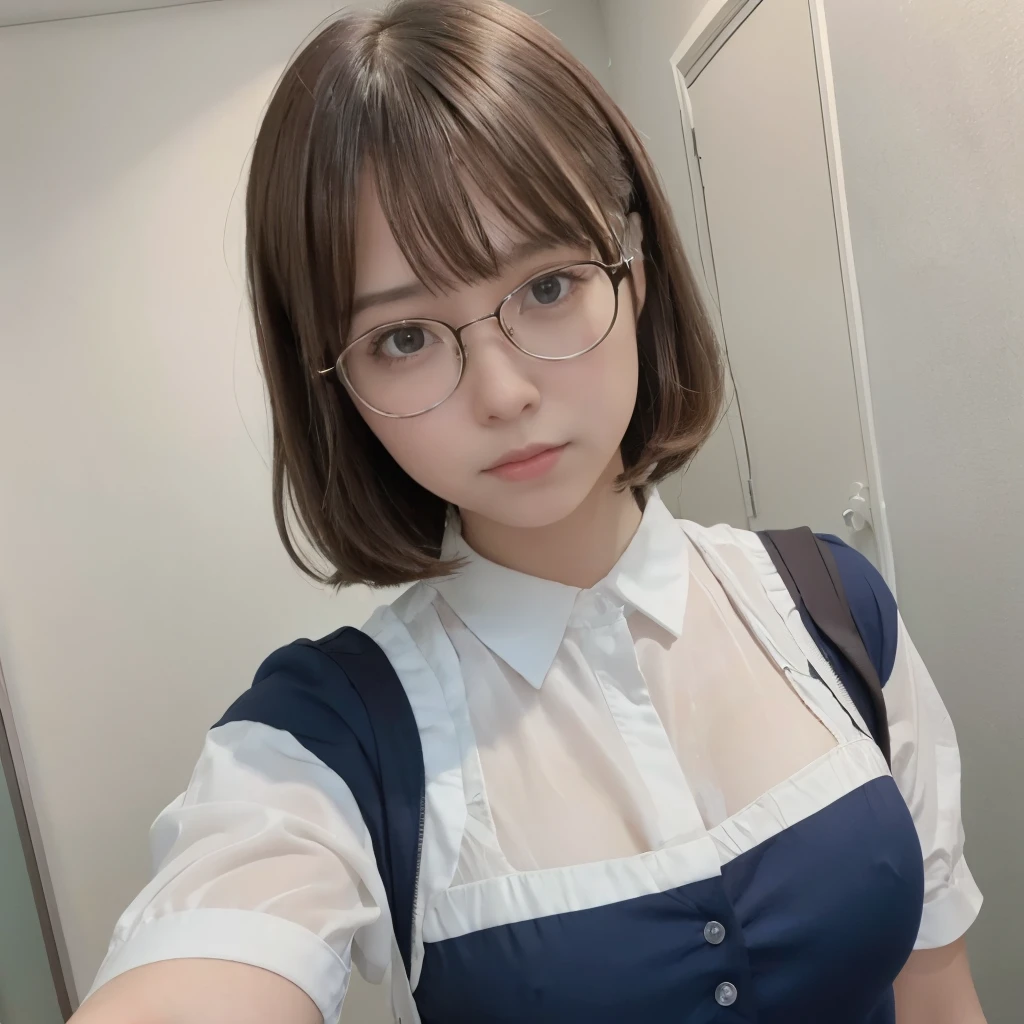 (Realistic, photographrealistic: 1.3), Best Quality, Highly detailed, masutepiece, ultra-detailliert,, full bodyesbian, Dynamic Angle, extremely detailed CG unified 8k wallpaper, hi-school girl, short-hair.a beauty girl,Young face,Bite,Sareme,Uniforms, eye glass,Nice studio lighting, Beautiful Fine Face,japanes,A dark-haired