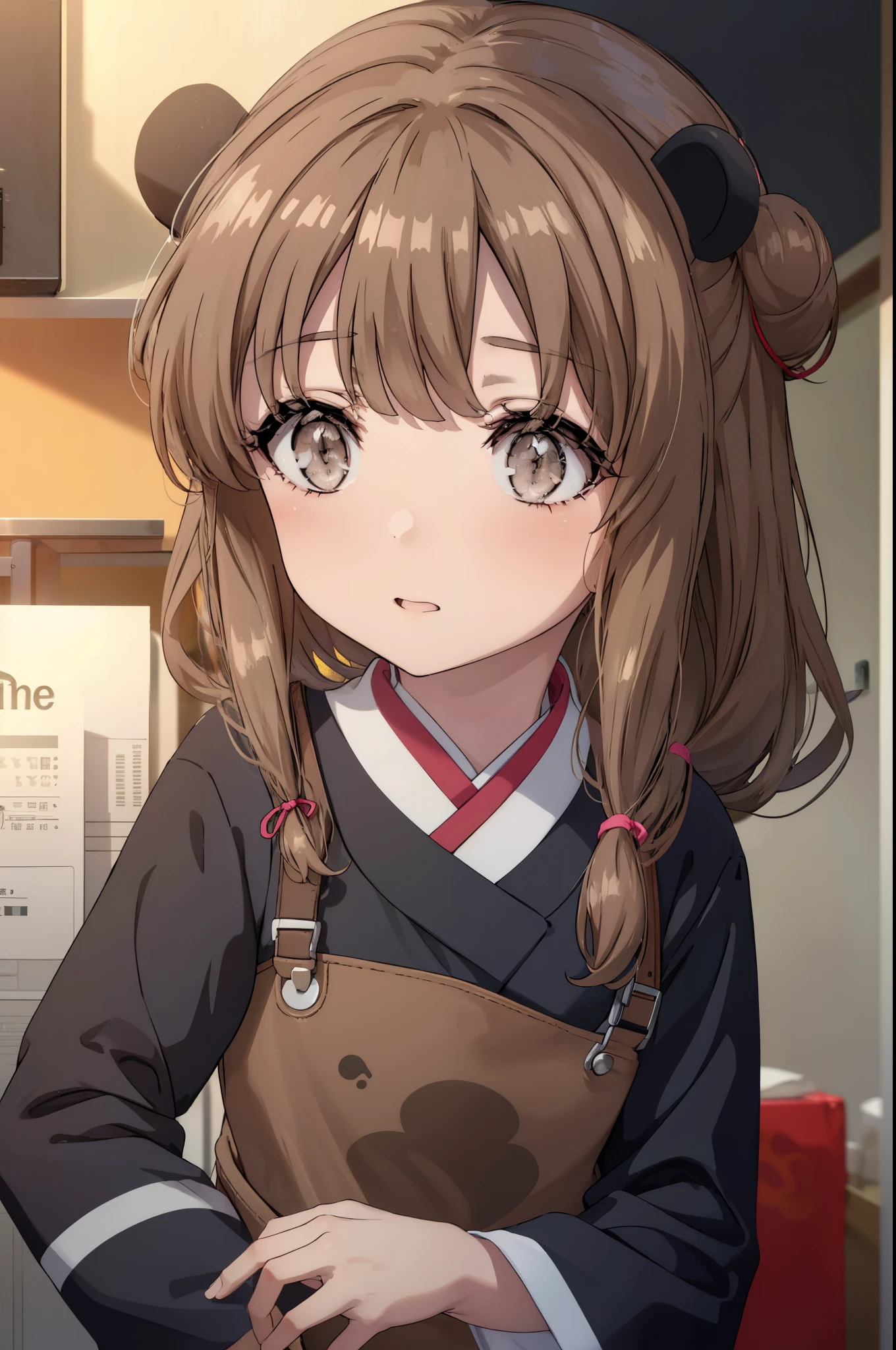 kaedeazusagawa, kaede azusagawa, long hair, bangs, brown hair, (brown eyes:1.5), smile, open your mouth,bun hair,
break animal print, panda print, black dress, china dress, Chinese service, dress, air, hip vent, panda print, side slit, No sleeve, No sleeve dress, thigh strap,
break indoors,
break looking at viewer, (cowboy shot:1.5),
break (masterpiece:1.2), highest quality, High resolution, unity 8k wallpaper, (figure:0.8), (beautiful deしっぽed eyes:1.6), extremely deしっぽed face, perfect lighting, extremely deしっぽed CG, (perfect hands, perfect anatomy),