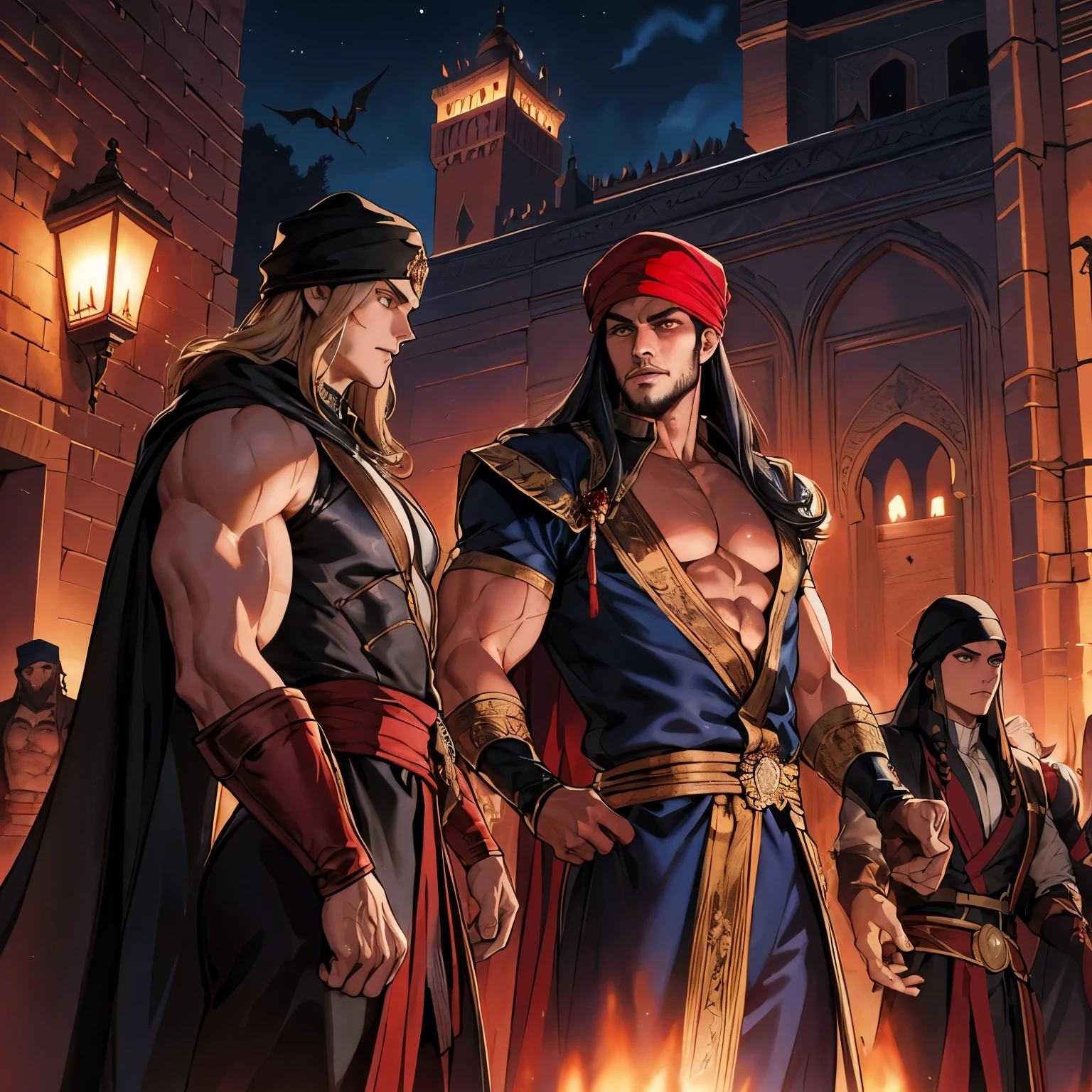 Castlevania islamic moroccan lord of shadows hyperrealistic super detailed dynamic shot central scene of arabic morocco red turban hokuto no ken kenshiro Lord Dracula leading demon army troops into battle sharp details hokuto no ken kenshiro muscular and handsome warrior style