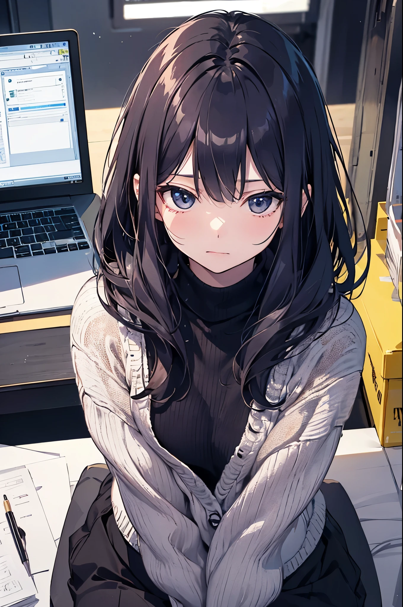 （Pretty sister:1.3）、spring atmosphere、night、aggressive、office、((impatient face))、type into computer、large amount of work、overtime