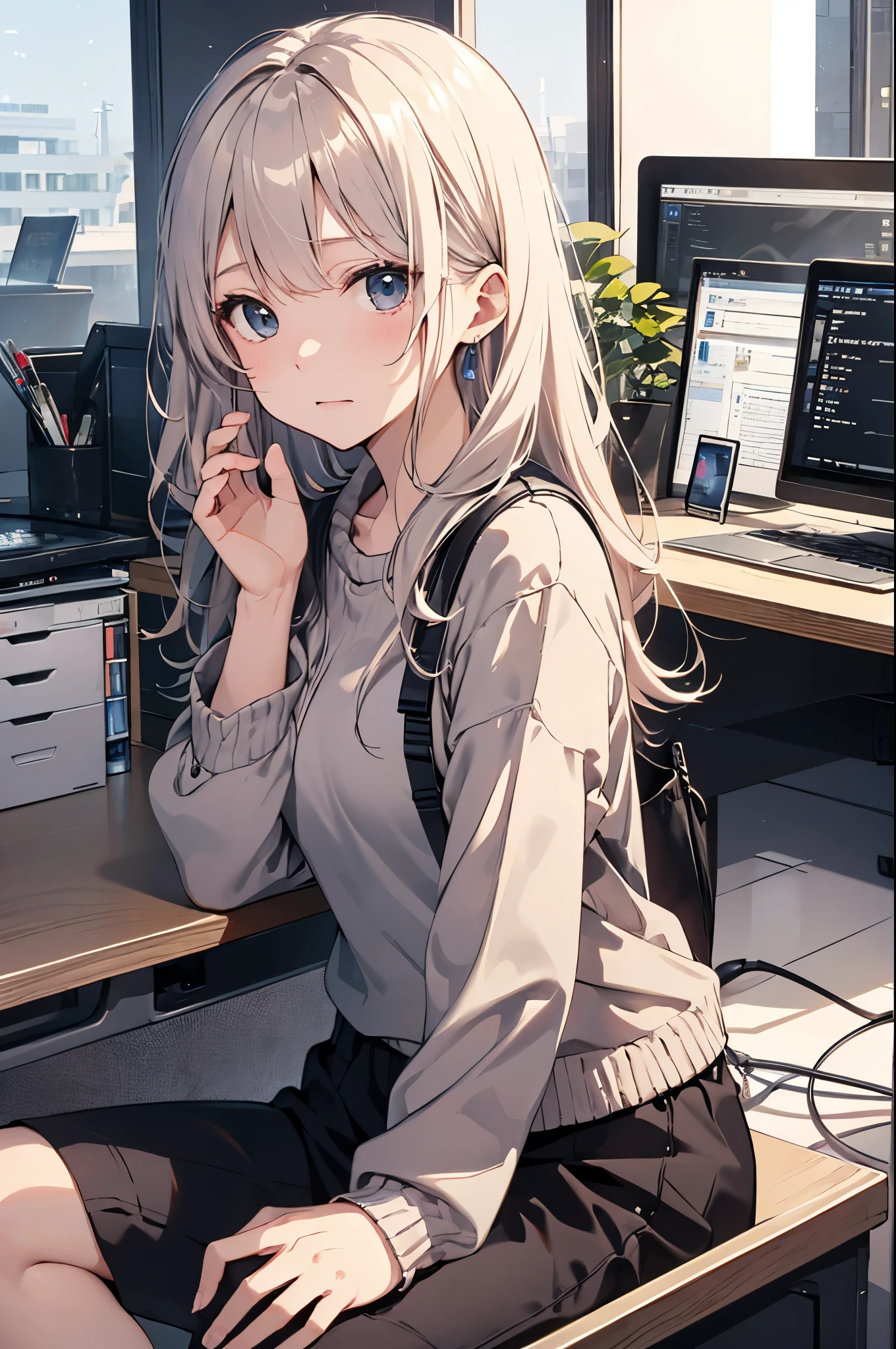 (Pretty sister:1.3)、spring atmosphere、evening、aggressive、office、((impatient face))、type into computer、large amount of work、overtime