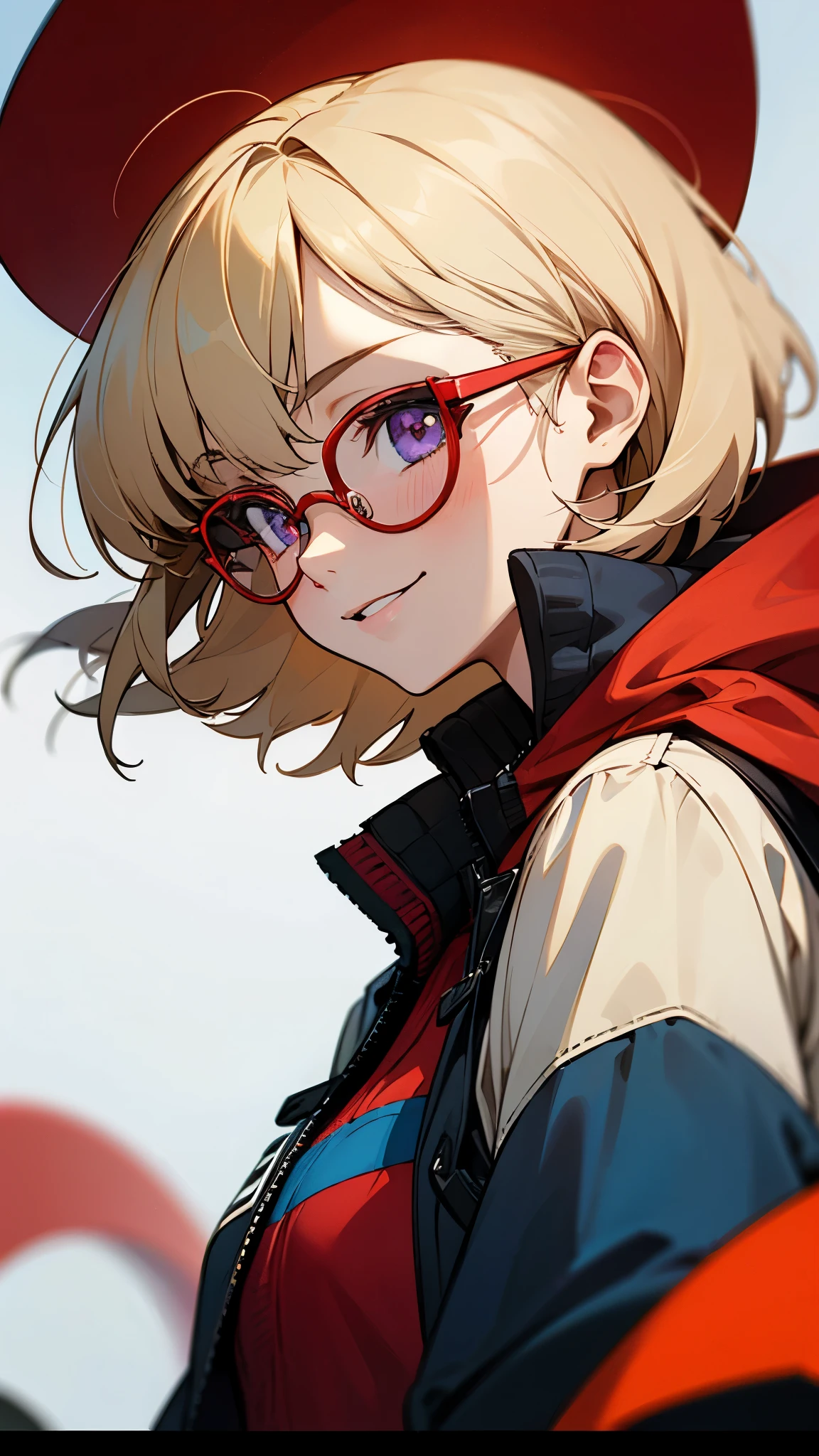 18 year old female、blonde、bangs、bob cut、straight hair、chignon hairstyle、Purple pupils、((red rim glasses)):1.5、smile、From the side、red rider jacket、long sleeve、gloves、roof of the building、Blowin' in the wind、blue sky、upper body close-up、sharp outline