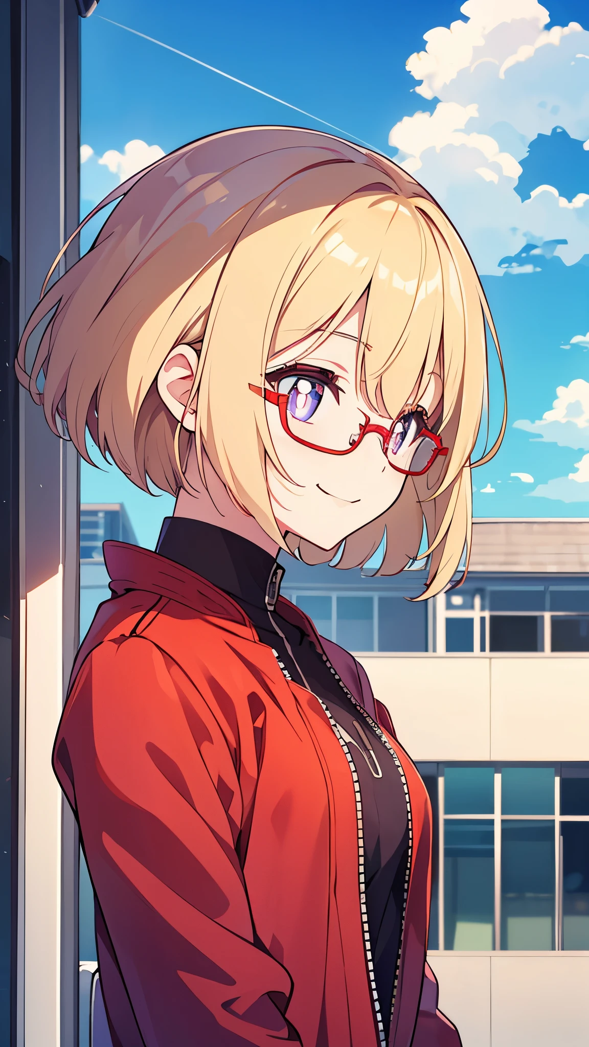 18 year old female、blonde、bangs、bob cut、straight hair、chignon hairstyle、Purple pupils、((red rim glasses)):1.5、smile、From the side、red rider jacket、long sleeve、gloves、roof of the building、Blowin' in the wind、blue sky、upper body close-up、sharp outline