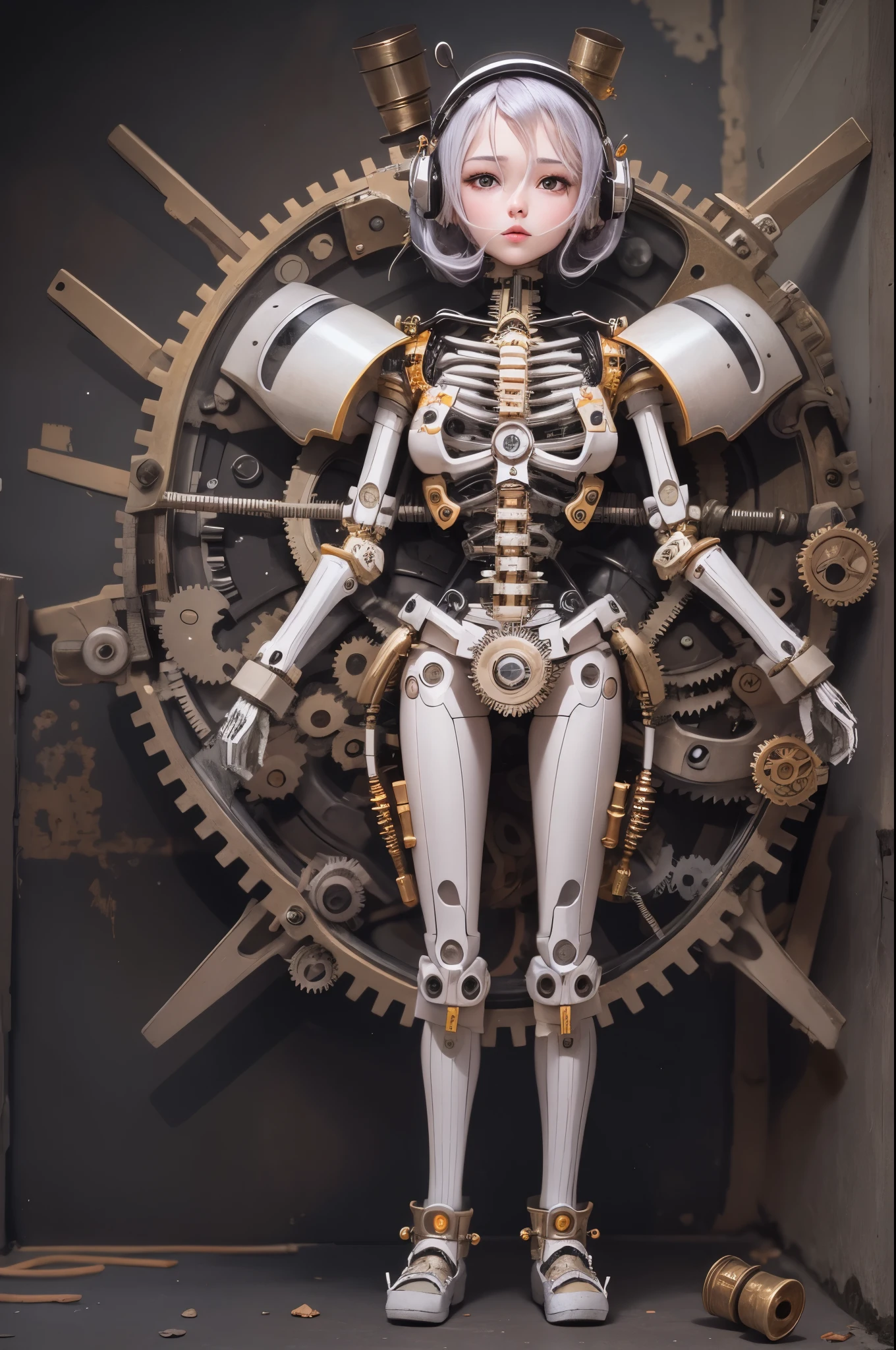 Mechanical doll，A delicate and complex mechanical structure，The skeleton of the doll，Made of various gears、Composed of spring and connecting rod，Streamlined shell、Smooth metal surfaces and LED lighting accents，Eyes twinkling，