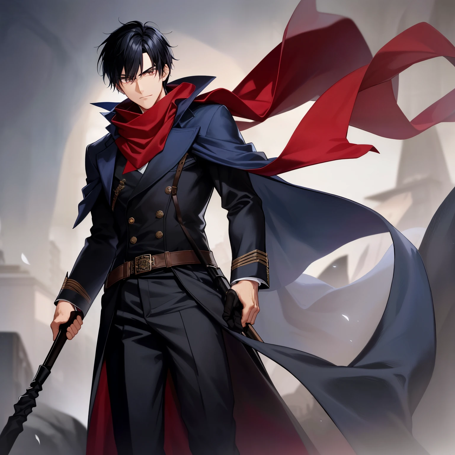 A man with black hair and fair skin, dark eyes, tall and thin stature, wears a dark blue coat with a red hood and black pants, a red scarf wrapped around his neck. His medium length hair is casually styled, and he carries a walking stick with a red tip at the end. The entire image of him is a complete and mature figure.