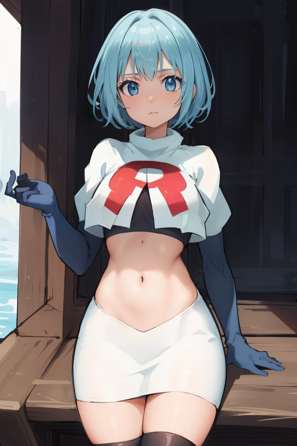 best quality, (masterpiece:1.2), highly detailed,
1girl, solo, lelei la lalena,
looking at viewer,
blue eyes, blue hair, short hair, small breasts, team rocket,team rocket uniform,white skirt,red letter R,crop top,black thigh-highs,black elbow gloves