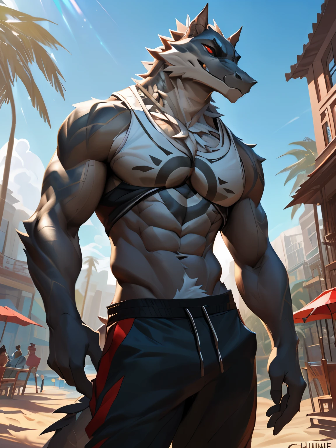 4k, ,8K, A high resolution, best quality, perfect colors, perfect shadows, perfect lighting, posted on e621, (by Chunie, by canyne khai, by t.y.starale), male, furry, Crocodile anthro, daylon (dislyte, solo, red eyes, (Realistic eye details 1.2), beach, wearing tank top, wearing jogger sweatpants, Full body like, Slim body, abs, dramatic lighting, soft lighting, day, highly detail, Hair coiled, delight, Standing up position, cool pose charm, Abstract beauty, centre, Looking at the camera, Facing the camera, nearing perfection, Dynamic, highly detailed, illustration, (Realistic background), ((Bonifasko lighting)), (Detailed eyes), perfect pupils, detail eyes, detail fluffy fur, (seductive face:1.2), fit body, Looking at the camera,, fit body, perfect male figure, Detailed fur, Detailed face, Perfect face, Detailed background, (Complex), (Super Detail), (Ultra Clear), (Best Quality)