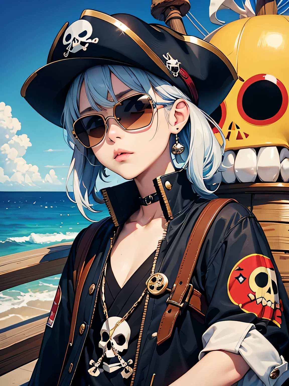 coolest design, Takashi Murakami style, cute lovely pirate skull, Suzu Hirose type, focus on the face, sunglasses, Fashionable hats, fashionable clothes, Scheele Kobe, pirate ship, sun, highest quality