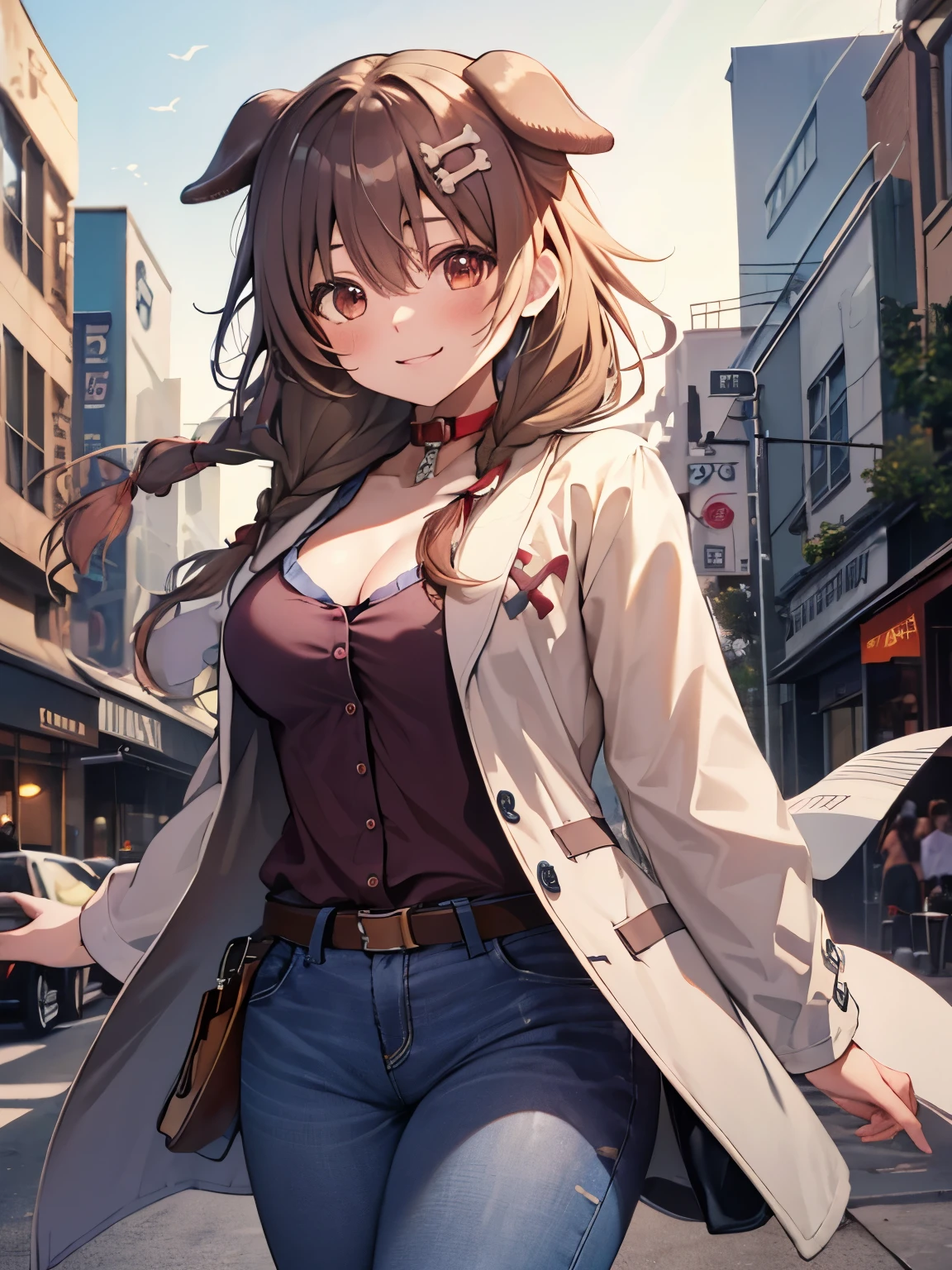 highest quality,wonderful,masterpiece,delicate,ultra high resolution,Super detailed,intricate details,beautiful,8K resolution,(Highly detailed CG Unity 8k wallpaper),sharp focus、1 female、koronedefault, animal collar, low twin braids, bone hair ornament, dog tail、 Glossy skin、big breasts、kawaii、beautiful瞳、sexy、smile、Three-dimensional effect of body parts, realistic skin texture、city、building、denim pants、Scarf、thick cover、cold、Wind、jacket、French coat