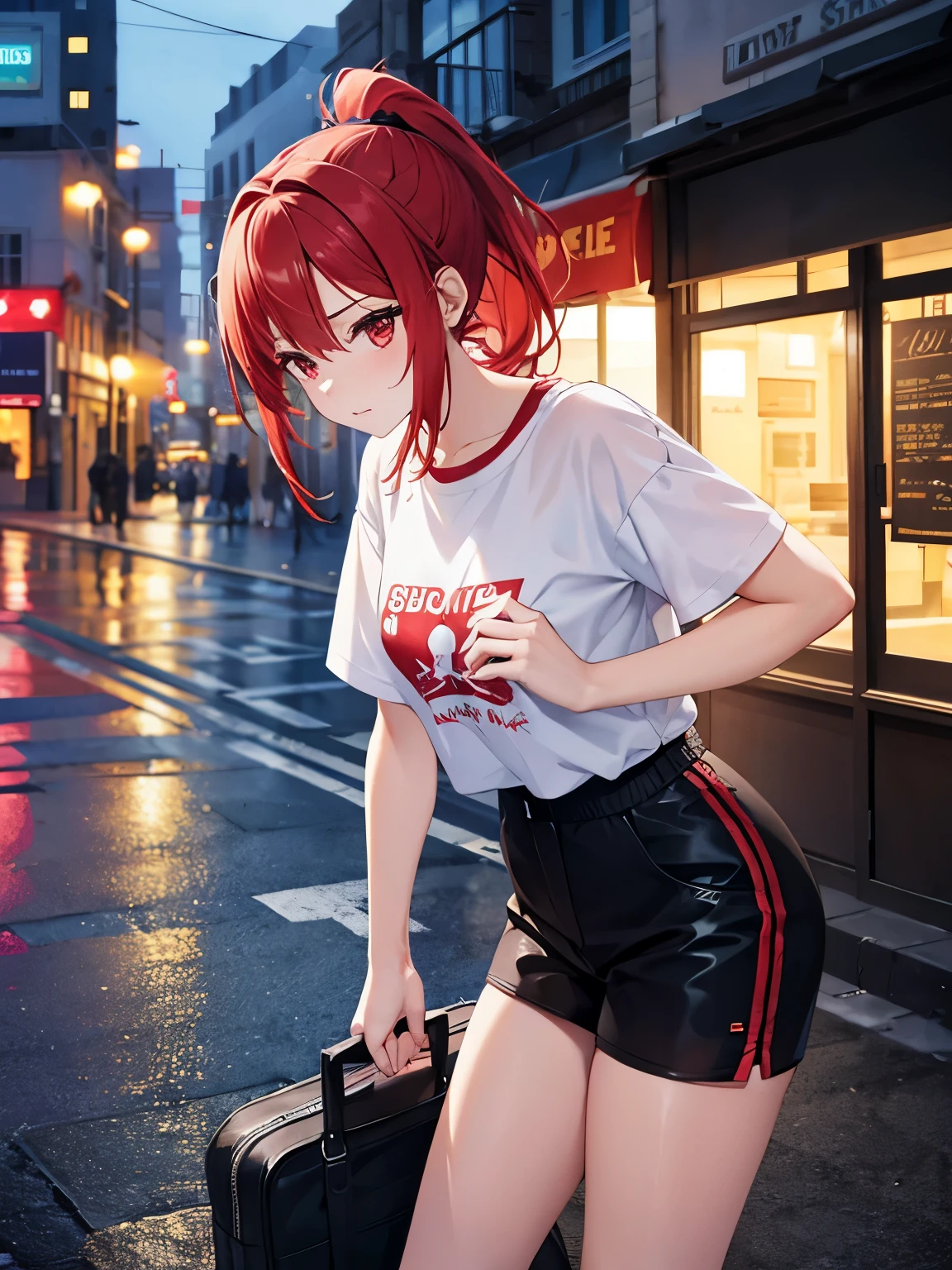 1 girl,Stand, on the street, raining, confused expression, looking down, red hair, ponytail, red eyes, white t-shirt, black shorts, ultra detail, ultra HD