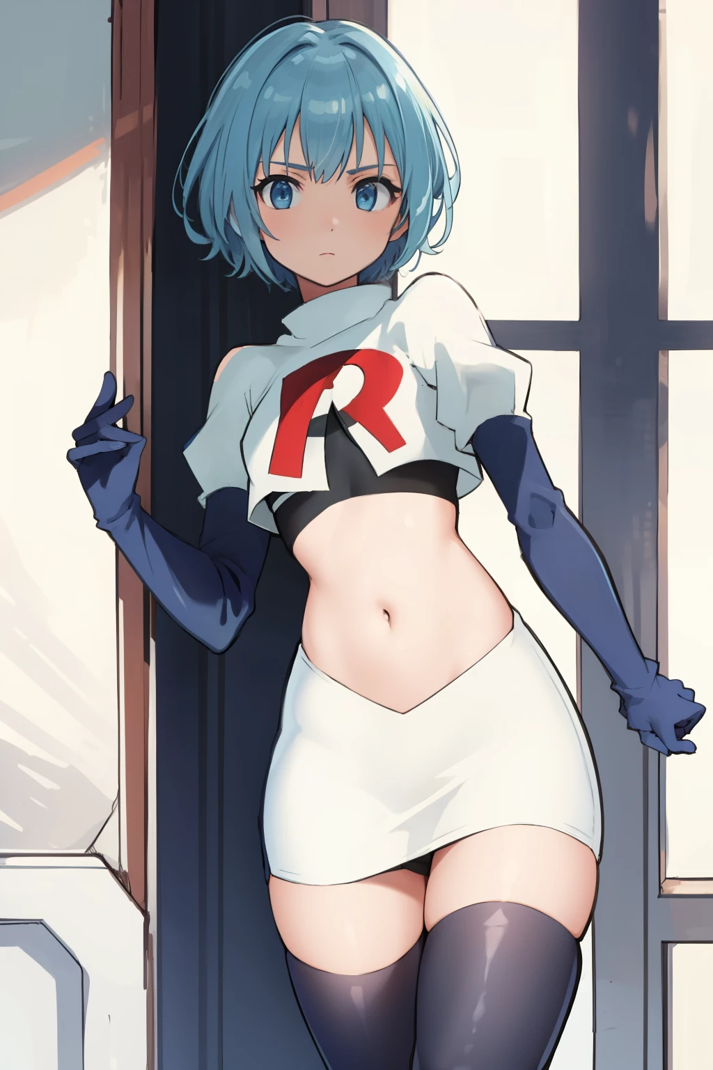 best quality, (masterpiece:1.2), highly detailed,
1girl, solo, lelei la lalena,
looking at viewer,
blue eyes, blue hair, short hair, small breasts, team rocket,team rocket uniform,white skirt,red letter R,crop top,black thigh-highs,black elbow gloves