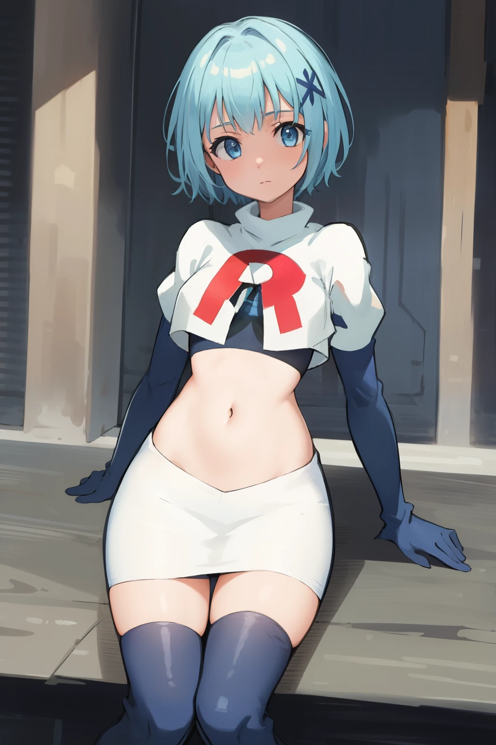 best quality, (masterpiece:1.2), highly detailed,
1girl, solo, lelei la lalena,
looking at viewer,
blue eyes, blue hair, short hair, small breasts, team rocket,team rocket uniform,white skirt,red letter R,crop top,black thigh-highs,black elbow gloves