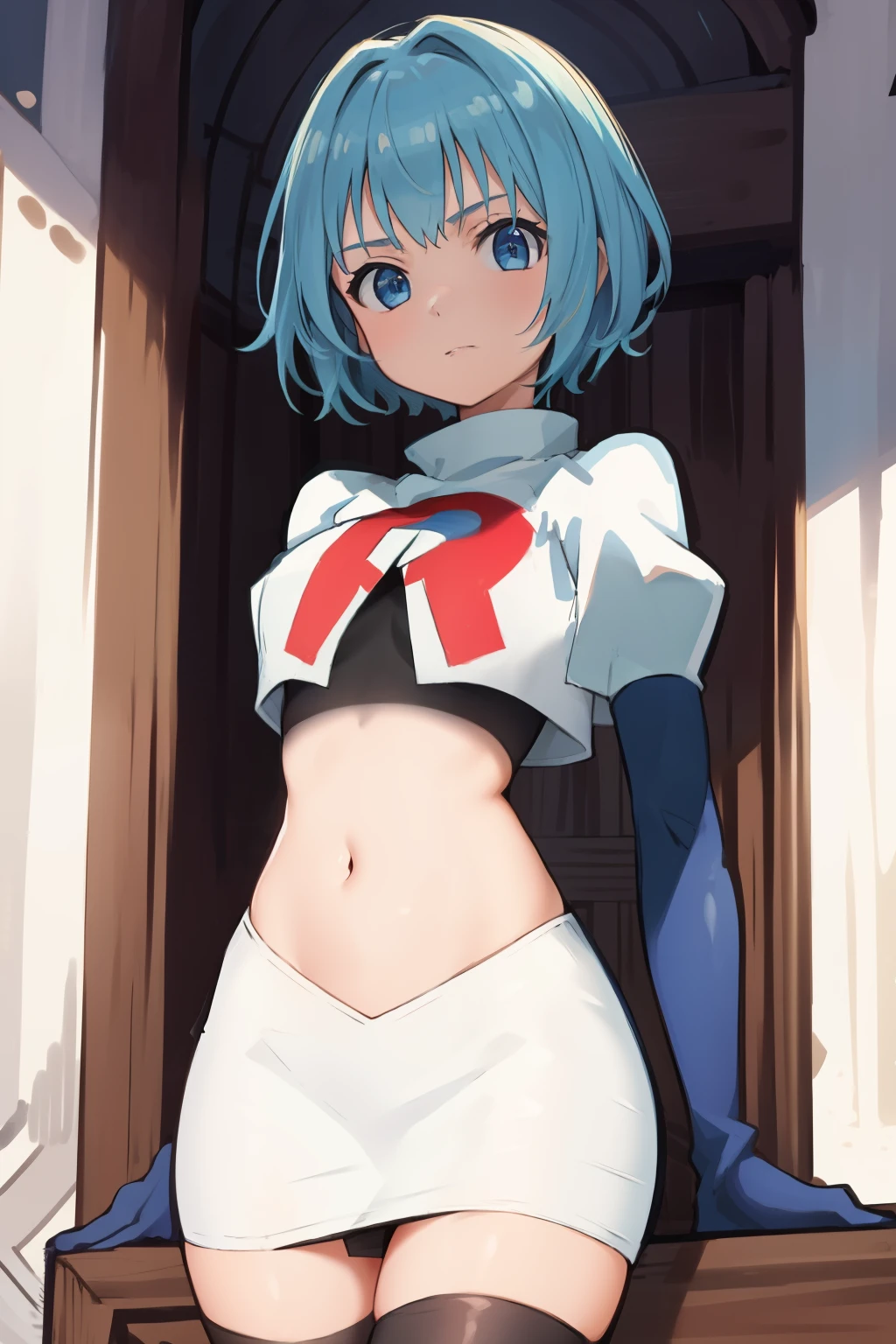 best quality, (masterpiece:1.2), highly detailed,
1girl, solo, lelei la lalena,
looking at viewer,
blue eyes, blue hair, short hair, small breasts, team rocket,team rocket uniform,white skirt,red letter R,crop top,black thigh-highs,black elbow gloves