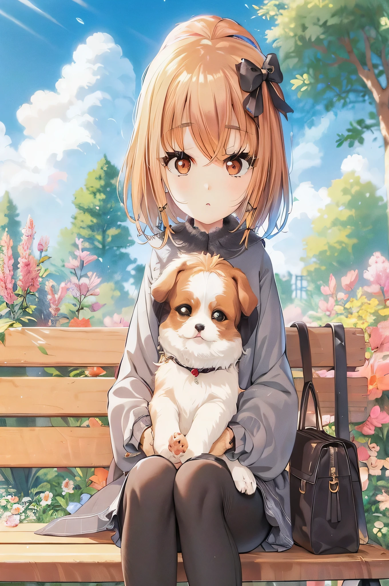 garota de anime sentada em um banco com um cachorro pequeno, visual de anime de uma linda garota, arte oficial do anime, cute anime, arte oficial, mudar, estilo de arte fofo, estilo de anime fofo, estilo de arte anime moe, pequena garota Mudar, linda garota de anime, cachorro fofo kawaii, capa de anime, animes de splash art , arte oficial, awwwwww, estilo visual de anime