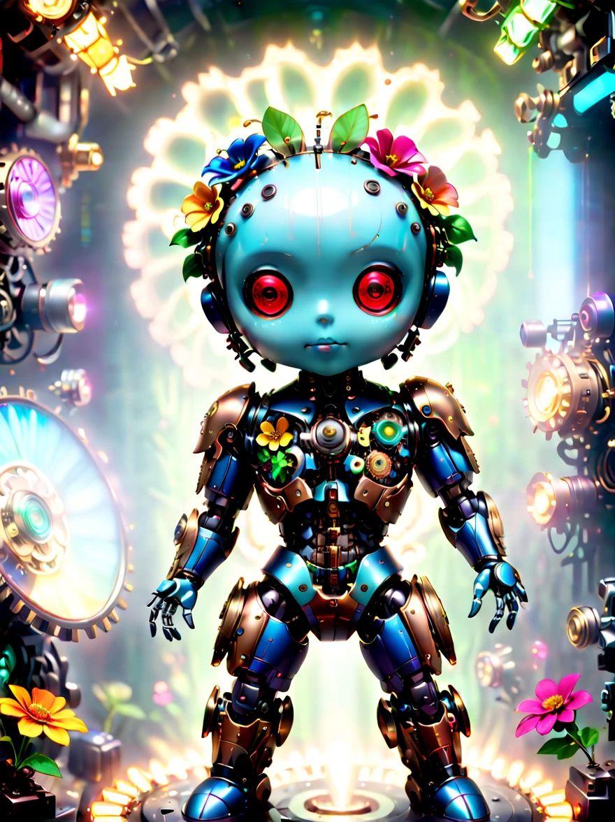  (three-dimensional，Mechanical feel，cute，boy，Mechanical doll, Pinocchio: 1.3), Colorful neon lights, High-tech mechanical parts, Metal body, Detailed vibranium flower design, bright colors, Dynamic glowing flowers, Reflective metal surface, bright environment, dynamic poses, Exquisite presence, skill improved, interlocking mechanical gears, Stylish design, motion blur effect, Detailed metal processing, Sci-fi atmosphere, Streamlined aerodynamic shape, Laser scanning pattern, Holographic projection, LED light track, beautiful and unforgettable, Advanced sensors, complex algorithm, Ominous and mysterious atmosphere, electric spark, Shiny chrome plating, Propulsion systems of the future, BJ_Gundam, (best quality, 8k, high resolution, masterpiece: 1.2), Super detailed, (whole body:1.8)