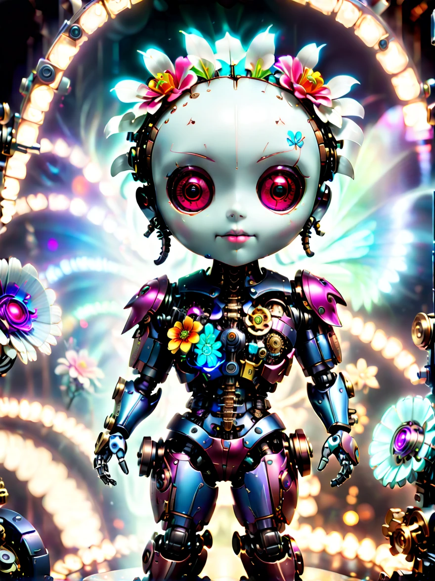  (three-dimensional，Mechanical feel，cute，boy，Mechanical doll, Pinocchio: 1.3), Colorful neon lights, High-tech mechanical parts, Metal body, Detailed vibranium flower design, bright colors, Dynamic glowing flowers, Reflective metal surface, bright environment, dynamic poses, Exquisite presence, skill improved, interlocking mechanical gears, Stylish design, motion blur effect, Detailed metal processing, Sci-fi atmosphere, Streamlined aerodynamic shape, Laser scanning pattern, Holographic projection, LED light track, beautiful and unforgettable, Advanced sensors, complex algorithm, Ominous and mysterious atmosphere, electric spark, Shiny chrome plating, Propulsion systems of the future, BJ_Gundam, (best quality, 8k, high resolution, masterpiece: 1.2), Super detailed, (whole body:1.8)