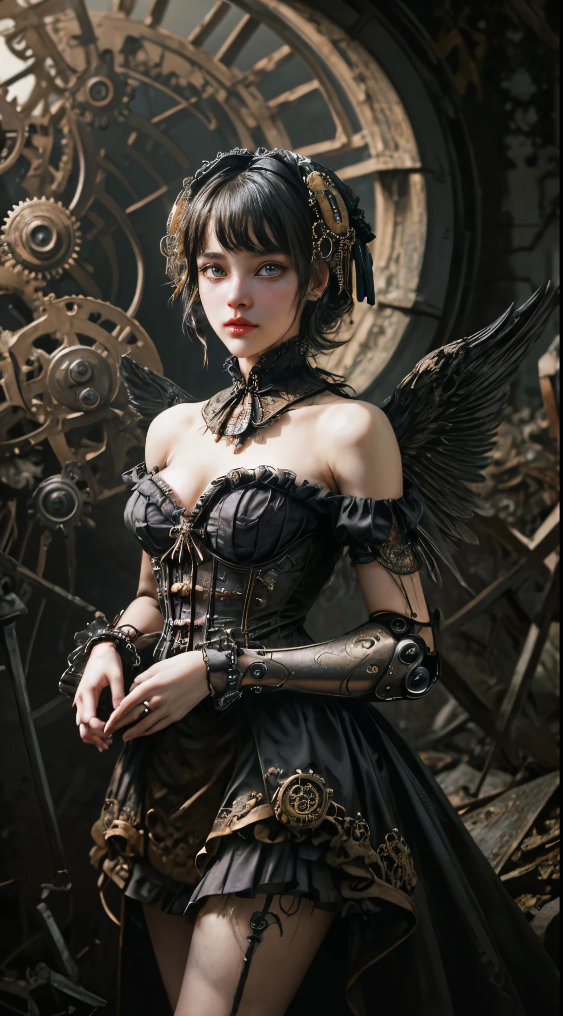 Mechanical girl, (((ultra realistic photo))), (((deep field frequency))), (((anatomically correct))), (((intricate mechanical wings))), cute and adorable, very short bob with bangs, matted black hair, (((very overdone steampunk))), (((Victorian rococo style))), (((goth and lolita))), off-the-shoulder, flared pleated miniskirt with lace and frills, deteriorating and decaying and rusting, clothes shredded and torn, metal rusted))), (((deteriorating, rotting and rusting))), (((clothes torn to shreds))), (((rusted metal))), (((organic))), (((lots of gears))), background detail, (((very dark dramatic film-like lighting, very dark ruins, deep depth of field))), (((very large slanted big eyes))), long eyelashes, thin nose, small mouth, beige lips, thin chin, clear white glossy skin, slender body, Creates a very realistic yet very dreamlike texture, immersing the viewer in a mesmerizing visual experience, very dramatically improved overall accuracy, beautifully rendered with striking contrast for visual impact, award winning, (((16K, UHD, top quality, masterpiece, highly detailed))).
