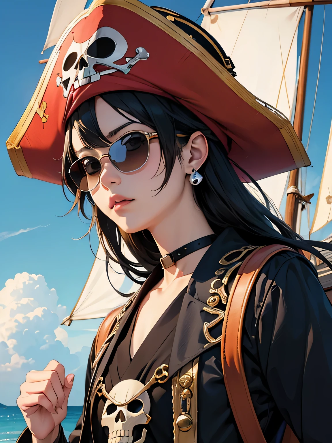 coolest design, Eiichiro Oda Kaze, cute lovely pirate skull, Suzu Hirose type, focus on the face, sunglasses, Fashionable hats, fashionable clothes, Scheele Kobe, pirate ship, sun, highest quality