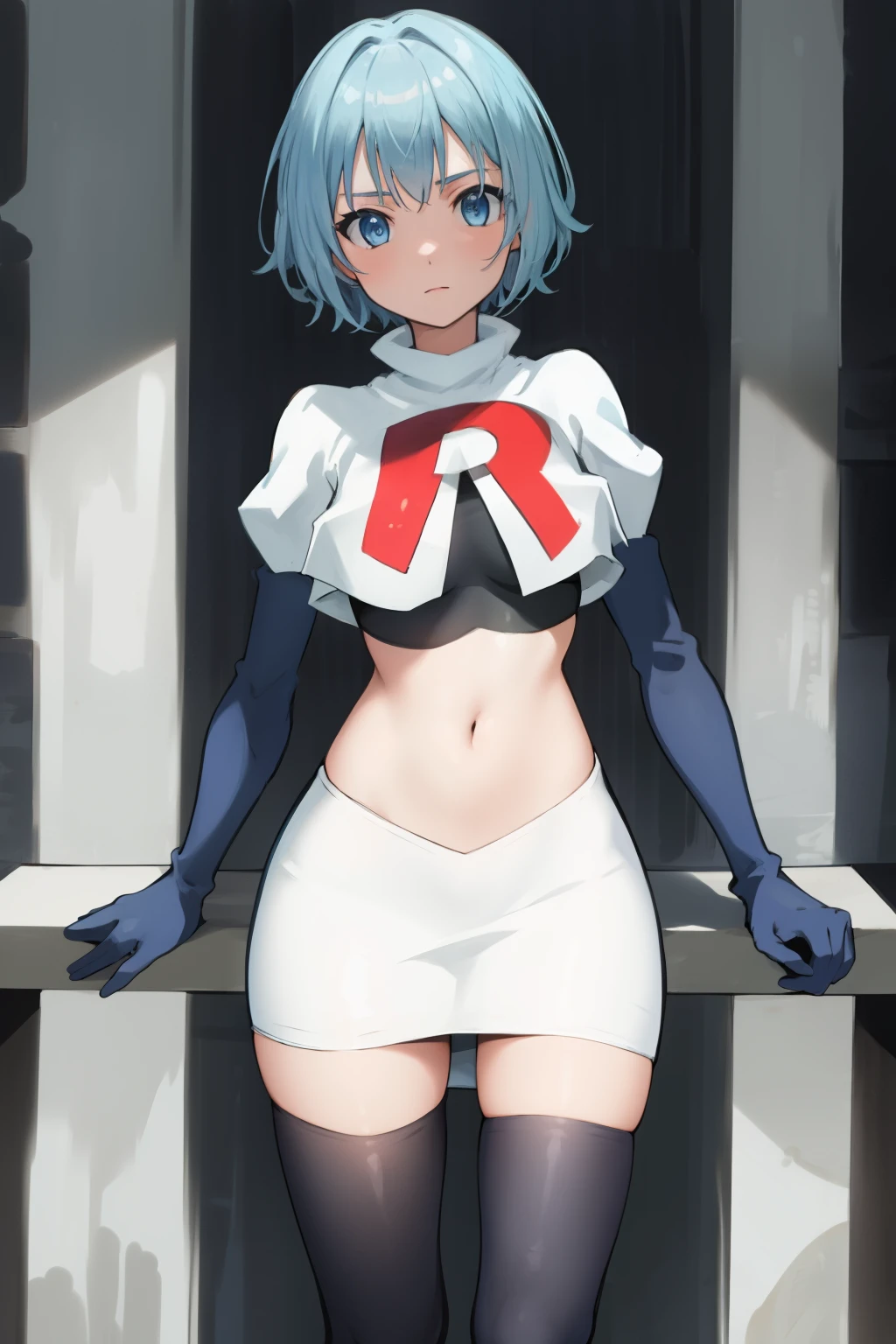 best quality, (masterpiece:1.2), highly detailed,
1girl, solo, lelei la lalena,
looking at viewer,
blue eyes, blue hair, short hair, small breasts, team rocket,team rocket uniform,white skirt,red letter R,crop top,black thigh-highs,black elbow gloves