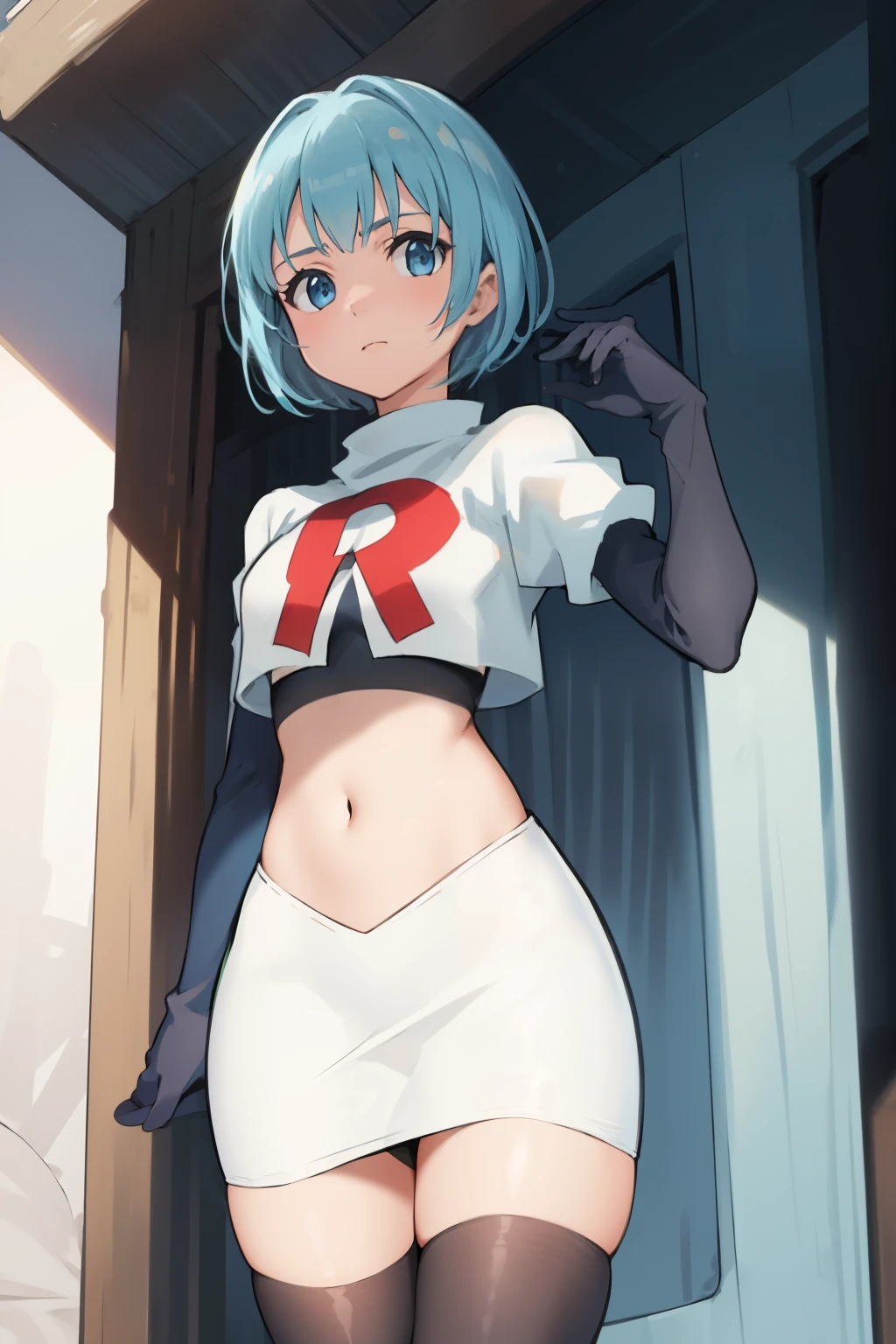 best quality, (masterpiece:1.2), highly detailed,
1girl, solo, lelei la lalena,
looking at viewer,
blue eyes, blue hair, short hair, small breasts, team rocket,team rocket uniform,white skirt,red letter R,crop top,black thigh-highs,black elbow gloves