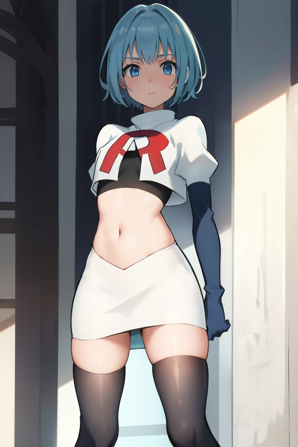 best quality, (masterpiece:1.2), highly detailed,
1girl, solo, lelei la lalena,
looking at viewer,
blue eyes, blue hair, short hair, small breasts, team rocket,team rocket uniform,white skirt,red letter R,crop top,black thigh-highs,black elbow gloves