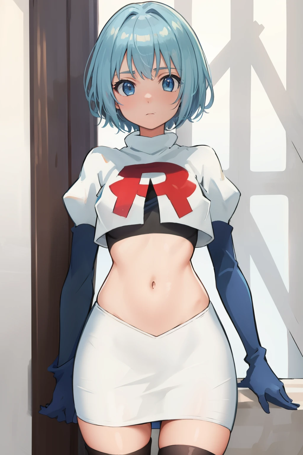 best quality, (masterpiece:1.2), highly detailed,
1girl, solo, lelei la lalena,
looking at viewer,
blue eyes, blue hair, short hair, small breasts, team rocket,team rocket uniform,white skirt,red letter R,crop top,black thigh-highs,black elbow gloves