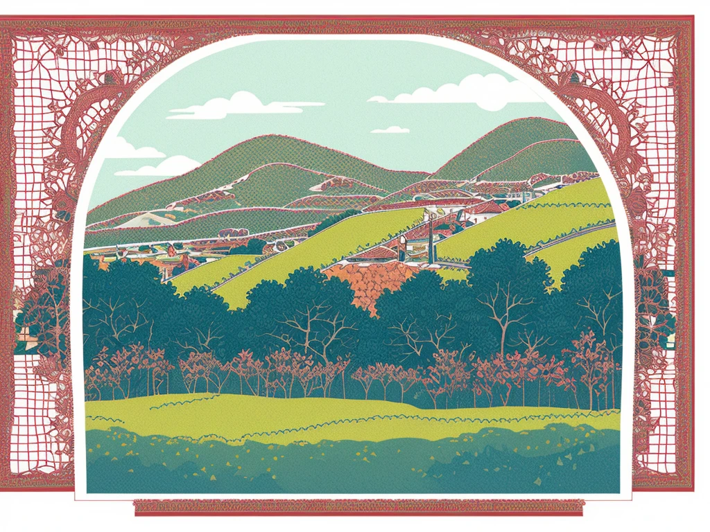 Lace curtain style, openwork landscape, colorful illustrations,