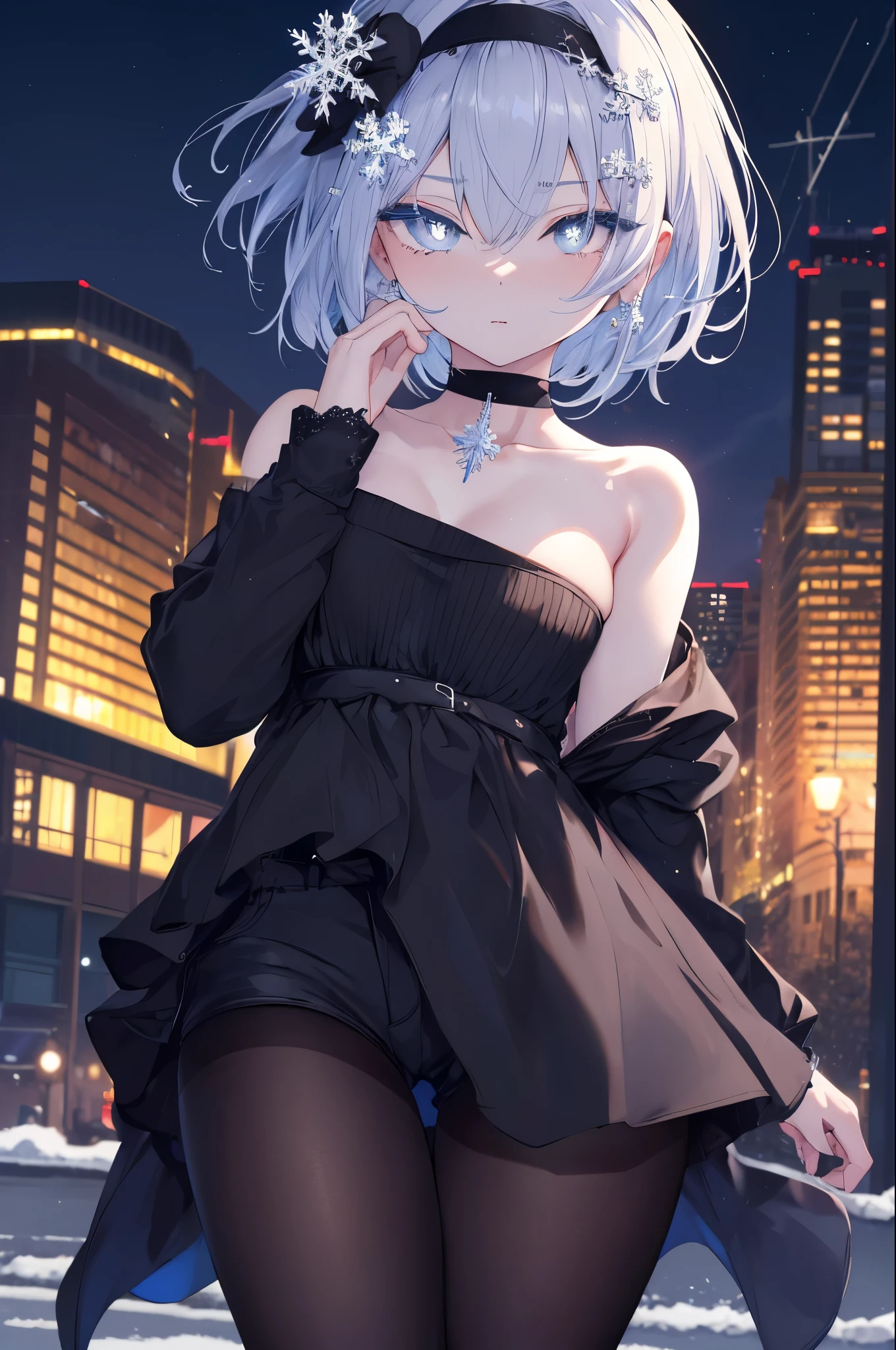 masterpiece,highest quality,High resolution,super detailed,Oh Ginko,short hair,bangs,hair between eyes,black hair band,snowflake hair ornament,black choker,night,street,Are standing,off shoulder sweater,naked neck,bare clavicle,bare shoulders,shorts,black pantyhose,winter,cold sky,(masterpiece:1.2), highest quality, High resolution, unity 8k wallpaper, (shape:0.8), (beautiful and detailed eyes:1.6), highly detailed face, perfect lighting, Very detailed CG, (perfect hands, perfect anatomy),