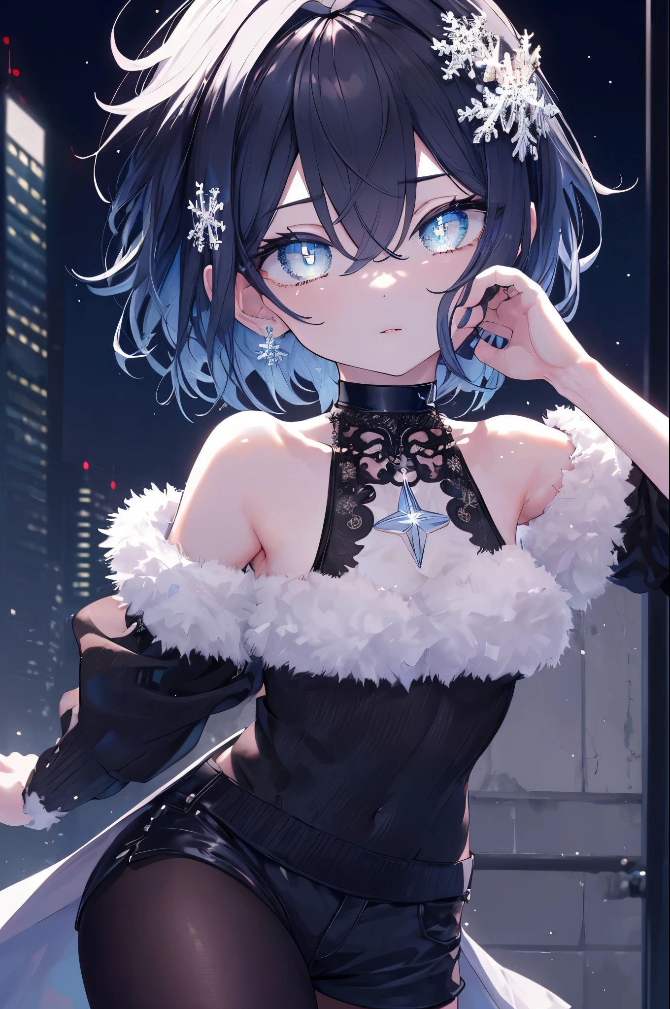 masterpiece,highest quality,High resolution,super detailed,Oh Ginko,short hair,bangs,hair between eyes,black hair band,snowflake hair ornament,black choker,night,street,Are standing,off shoulder sweater,naked neck,bare clavicle,bare shoulders,shorts,black pantyhose,winter,cold sky,(masterpiece:1.2), highest quality, High resolution, unity 8k wallpaper, (shape:0.8), (beautiful and detailed eyes:1.6), highly detailed face, perfect lighting, Very detailed CG, (perfect hands, perfect anatomy),