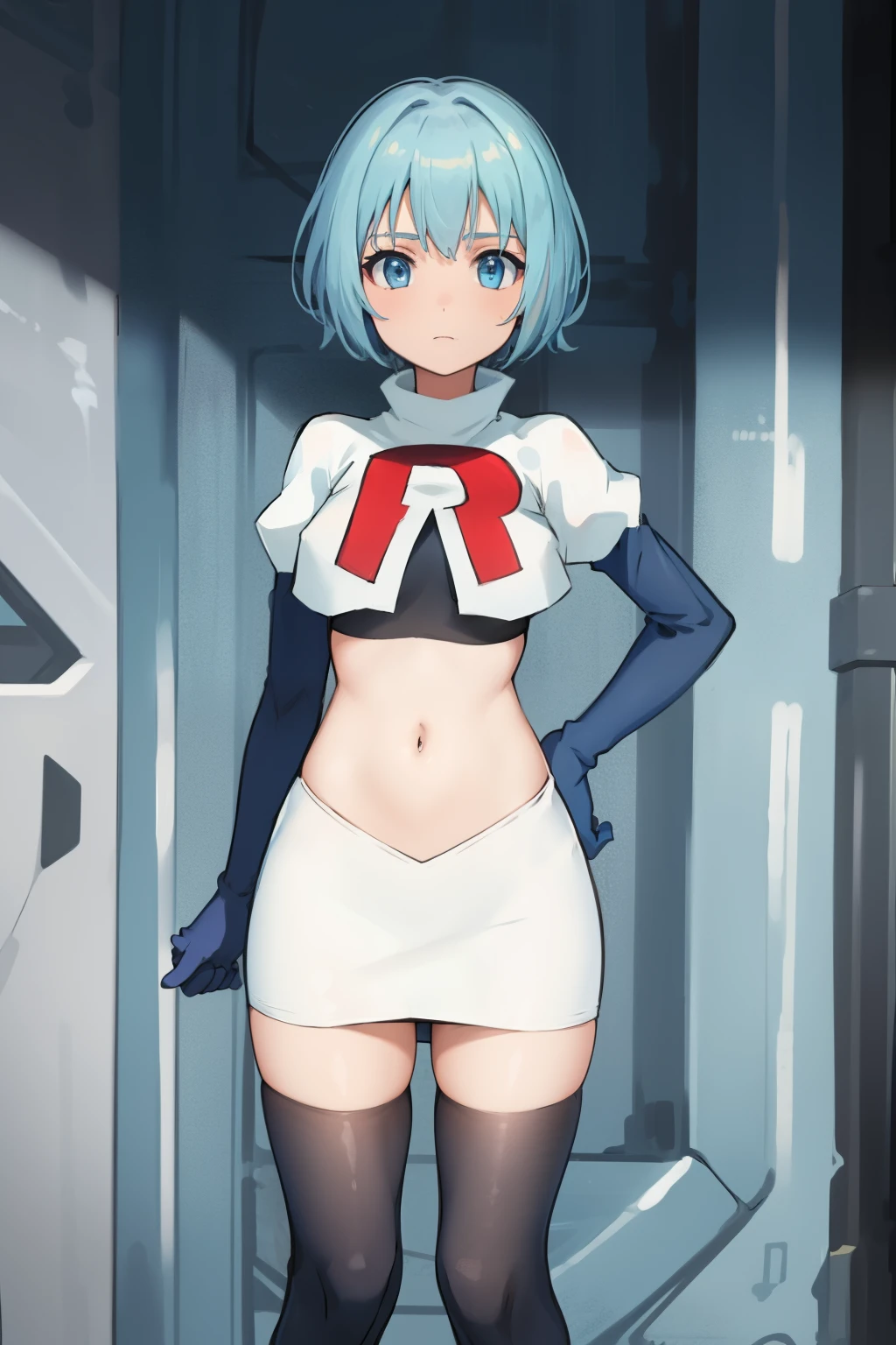 best quality, (masterpiece:1.2), highly detailed,
1girl, solo, lelei la lalena,
looking at viewer,
blue eyes, blue hair, short hair, small breasts, team rocket,team rocket uniform,white skirt,red letter R,crop top,black thigh-highs,black elbow gloves