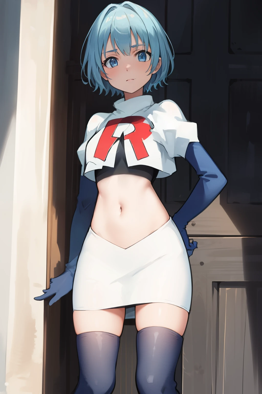 best quality, (masterpiece:1.2), highly detailed,
1girl, solo, lelei la lalena,
looking at viewer,
blue eyes, blue hair, short hair, small breasts, team rocket,team rocket uniform,white skirt,red letter R,crop top,black thigh-highs,black elbow gloves