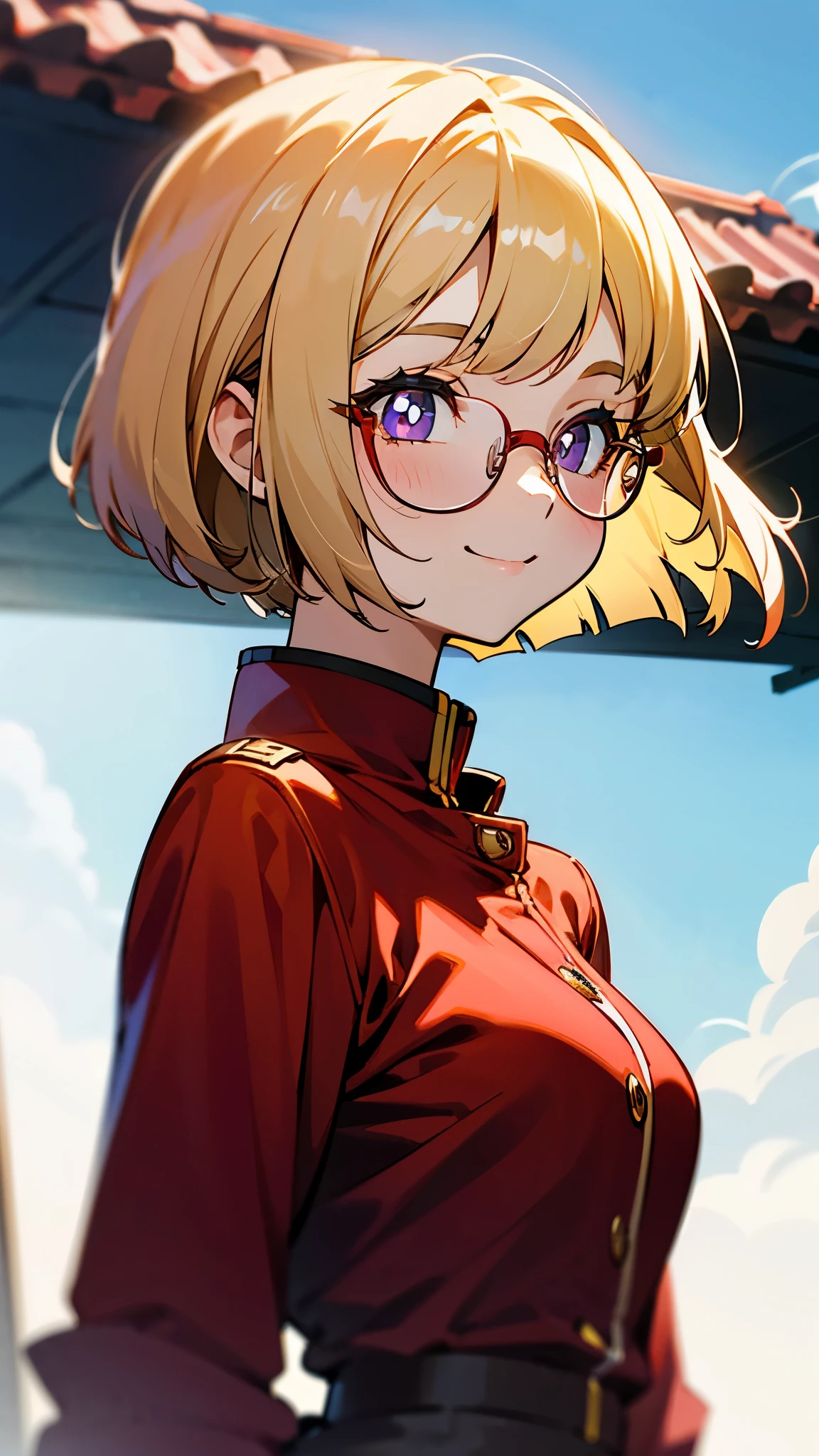 18 year old female、blonde、bangs、bob cut、straight hair、chignon hairstyle、Purple pupils、red rim glasses、smile、From the side、red rider jacket、long sleeve、gloves、roof of the building、Blowin' in the wind、blue sky、upper body close-up、sharp outline