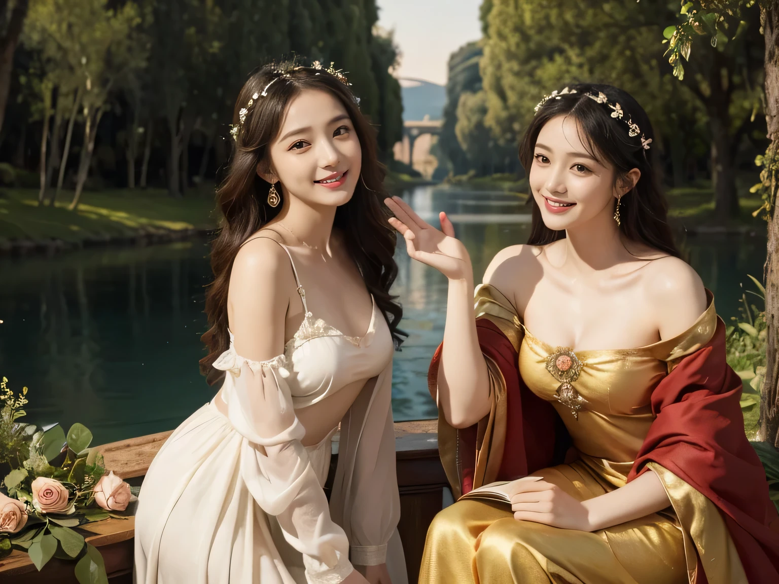 Giorgione painting style,Arguments of two female P、roses in vase、fruits、Cute trinkets、smile、ancient greek costume、Background is a forest lake at night 、Clothes that stretch your shoulders、A big smile、beautiful bare skin,Woman singing with sheet music
