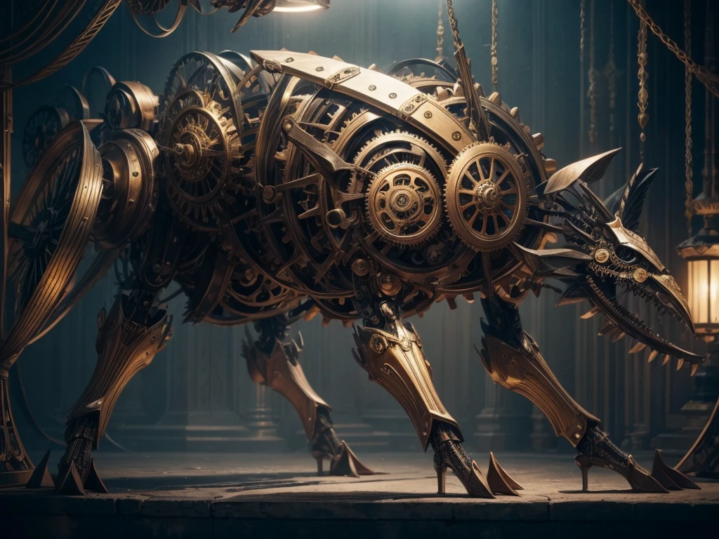 mechanical puppet,illustration,metallic joints,moving gears,articulated limbs,steampunk style,lifelike textures,smooth motion,elaborate design,antique finish,detailed clockwork mechanism,mechanical precision,polished surfaces,gold accents,deep shadows,vintage color palette,soft ambient lighting