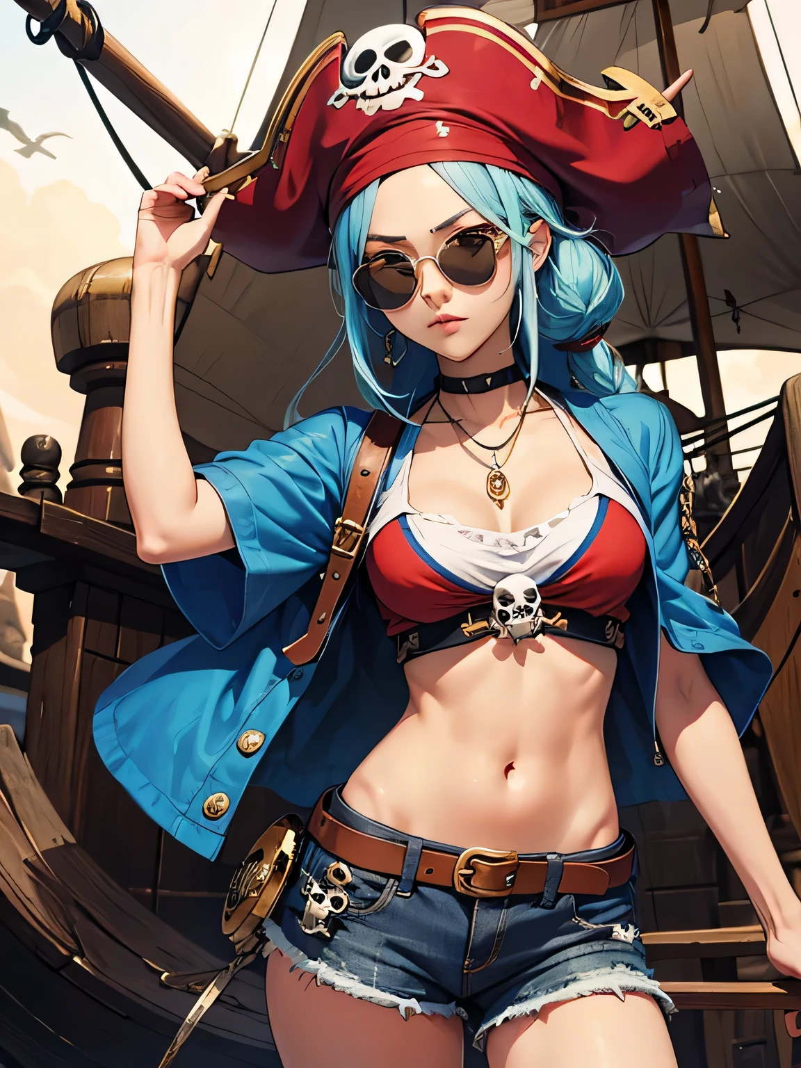 ((Fullbody)),standing pose, Canon PowerShot S60,masterpiece,best quality,absurdres,detailed background,perfect correct anatomy,portrain:1.35,(1girl),a young woman pirate:1.3 ,clouds,day,sunlight,pirate clothes,captain pirate hat,(brilliant red:1.2 hair),cut hair,wild hair,(medieval pirate fantasy theme:1.1),pastel colors,soft shadow,chromatic aberration,ambient occlusion,cinematic light, (medium breasts and curvy figure), 21thkitazume,AGGA_ST004 ,no water,