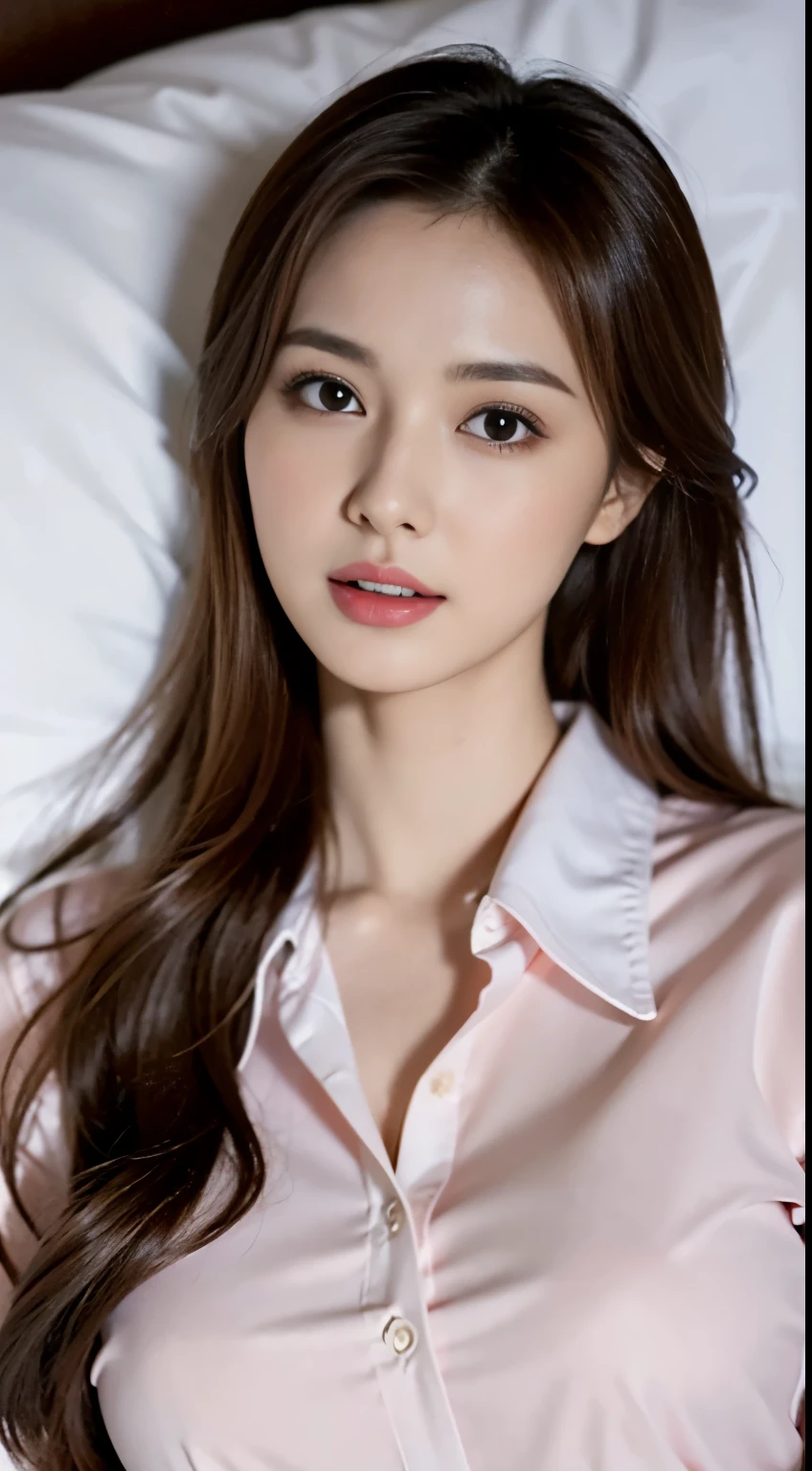 (Maria Ozawa), Cinematic Light, (masutepiece, of the highest quality, Best Quality, Beautiful and aesthetic:1.3), ighly detailed,highest details,(Ultra-detailed),,
From above,(( lying on bed)),
Solo, Silky long hair, (Brown hair), Roses were scattered all over the beds,
((Suit)), ((Shirt)), opened breast,