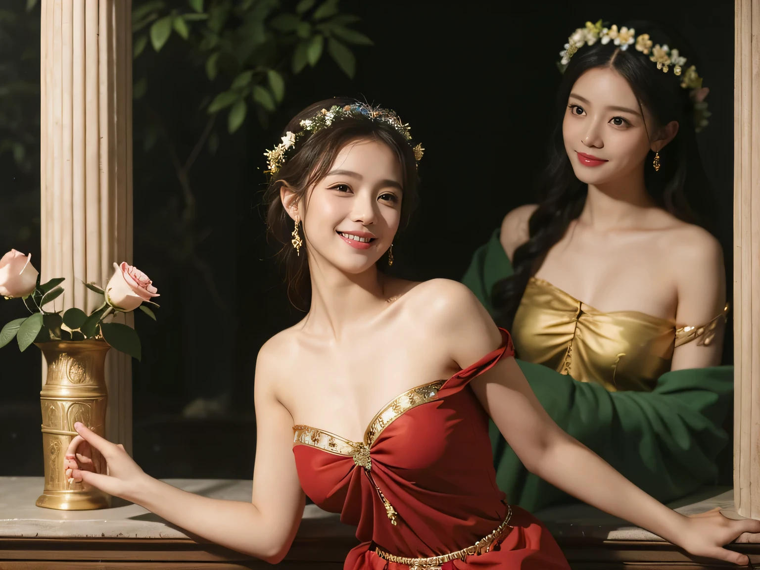 Giorgione painting style,Arguments of two female P、roses in vase、fruits、Cute trinkets、smile、ancient greek costume、Background is a forest lake at night 、Clothes that stretch your shoulders、A big smile、beautiful bare skin,Woman singing with sheet music