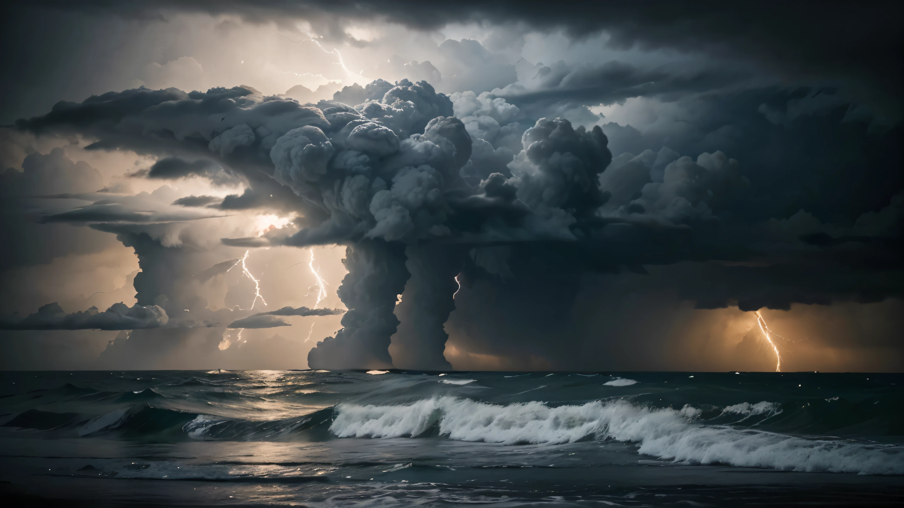 The dramatic stormy sky comes alive amidst the chaos.: Clouds swirled in ominous shades of gray and black., Lightning strikes paint the sky with electrical energy.. Massive storm captured in stunning photos, Showcasing the pristine and pristine beauty of nature in all its glory.. High-resolution images capture the intensity and drama of the moment. clearly, Drawing the viewer into the mesmerizing chaos of the storm scene..