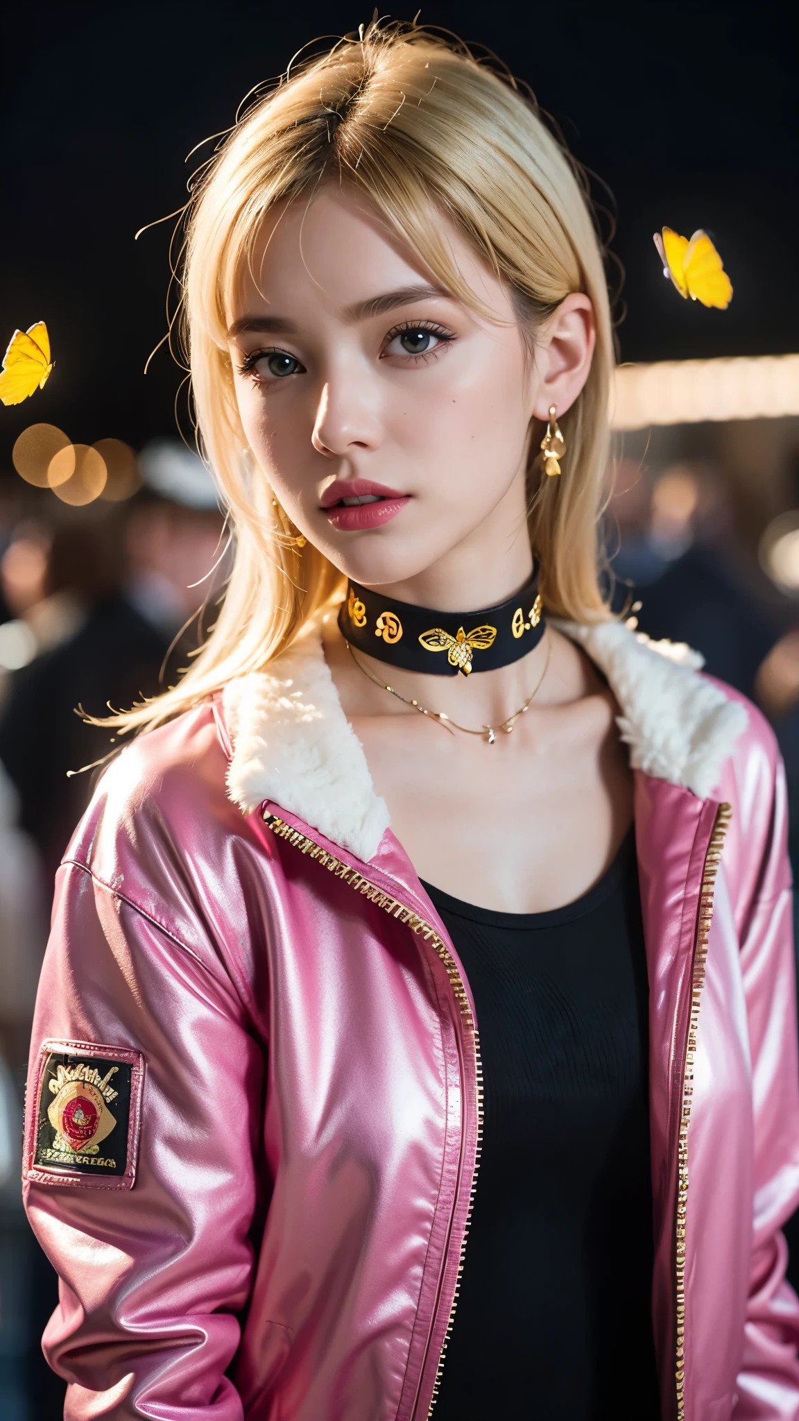 (night), blonde medium hair, blonde medium hair, blonde medium hair, yellow eyes, look chic and cute, the color for outfits is pink and white(pink chic bandana faux fur bomber jacke, Touch Of Shine Butterfly Choker), at the party, bratz style, (night party, confetti, whiskey, cake, drugs), (realistic:1.2), (masterpiece:1.2), ((Cowboy-shot:1.2), dark romantic lighting, (highly detailed:1.2),(detailed face:1.2), (gradients), colorful, detailed eyes, (natural lighting:1.2), solo, pale skin, best quality, solo, 1 girl, cinematic lighting, detailed background, ultra detailed, masterpiece,}},