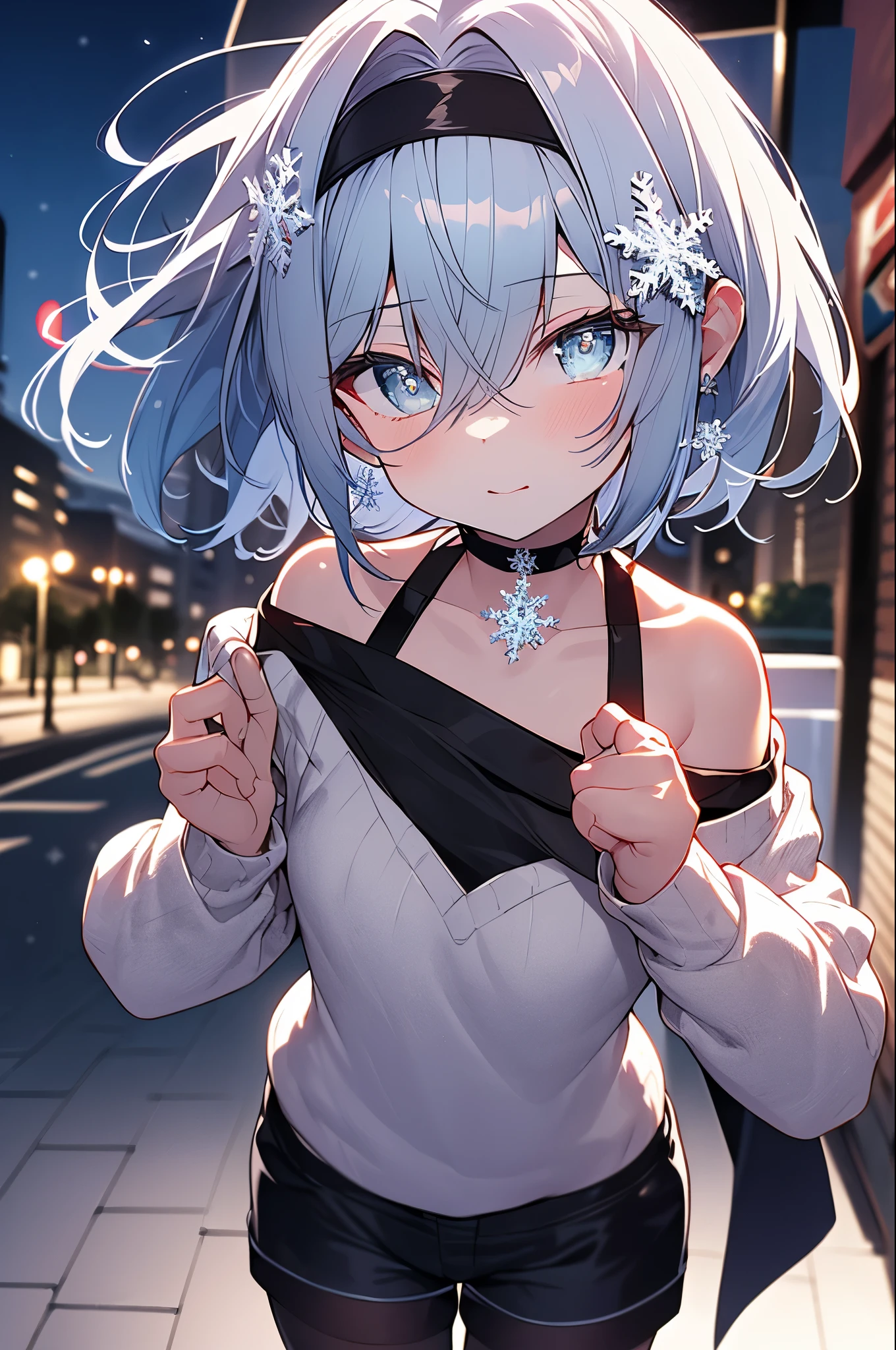 masterpiece,highest quality,High resolution,super detailed,Oh Ginko,short hair,bangs,hair between eyes,black hair band,snowflake hair ornament,black choker,night,street,Are standing,off shoulder sweater,naked neck,bare clavicle,bare shoulders,shorts,black pantyhose,winter,cold sky,(masterpiece:1.2), highest quality, High resolution, unity 8k wallpaper, (shape:0.8), (beautiful and detailed eyes:1.6), highly detailed face, perfect lighting, Very detailed CG, (perfect hands, perfect anatomy),