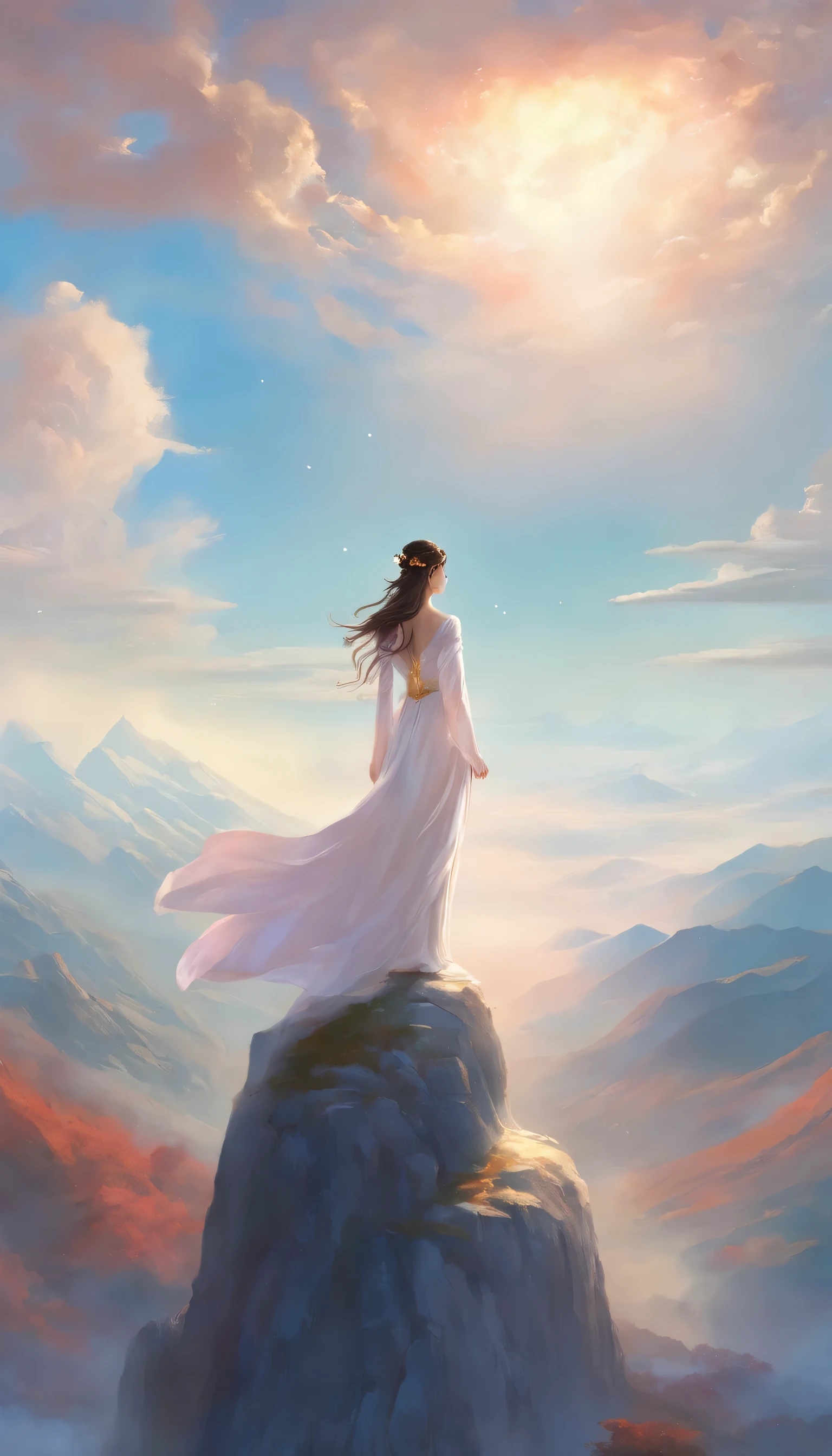 Princess Curie of Baishan, Goddess standing on the mountain in the sky. The white mountains are dyed white by snow。Princess Julie&#39;s background is a cloudless blue sky。