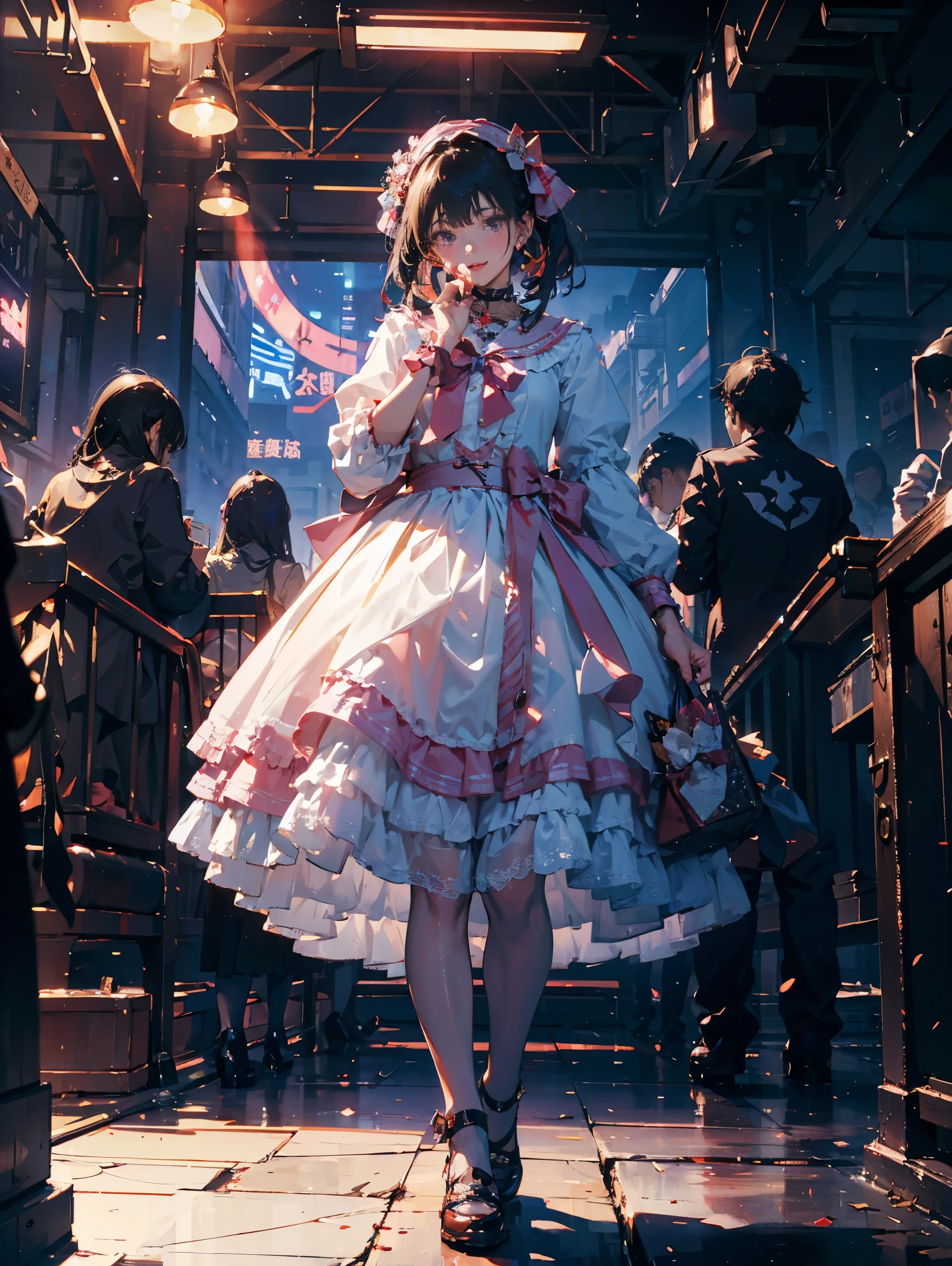 （master piece，highest quality，best quality者，official art，Cosmetology and aesthetics：1.2），1 girl、Full body portrait，Standing on stage，solo，looking at the viewer，lolita prostitute_dress，high details，cinematic color grade，ultra high resolution，best quality，sharp focuaster piece，（This is an 8k wallpaper with extremely detailed CG integrated.）