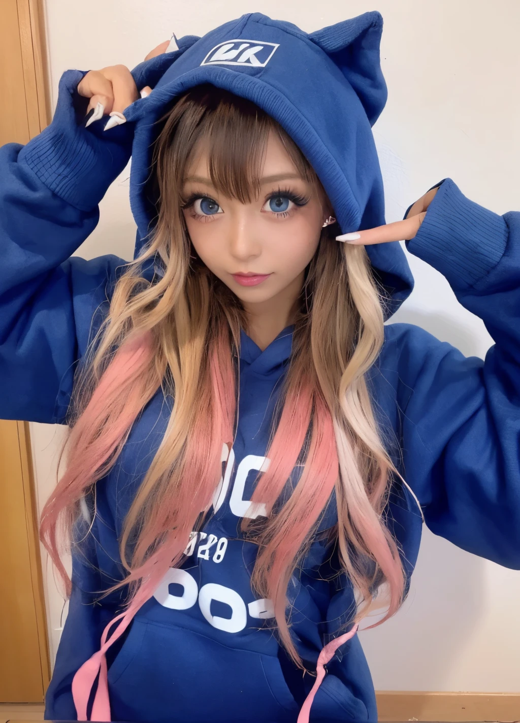 Y2K 2000’s Gyaru make up, (doe eyes turnt down) (big blue eyes) (dark skin Japanese) pink hoodie 