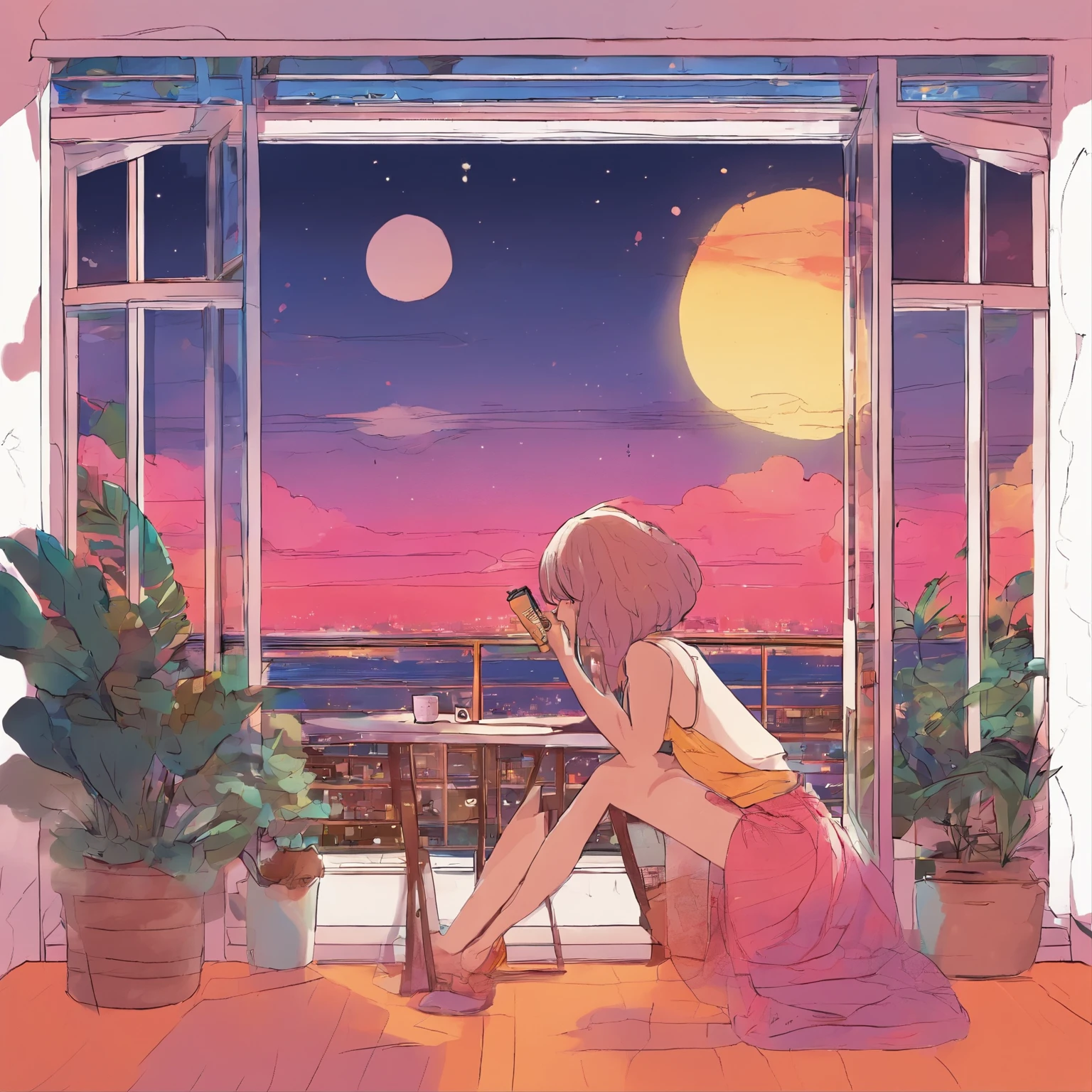 (praise), (1 female), A woman waits for dawn on her balcony, sitting, profile, She is wearing a loose knit dress., very big ass, slim waist, hourglass illustration, blonde brown short hair, Please put on your headphones, night light, Neon scenery on a rainy day seen from the window,analog color theme, lo-fi hip hop , flat, 2.5D ,line drawing, ink painting, big slope, watercolor painting, goose color, studio ghibli style, So colorful, outcome, synthwave, praise art,90s style,old texture, amplitude,90's vibe, table top, huge skill