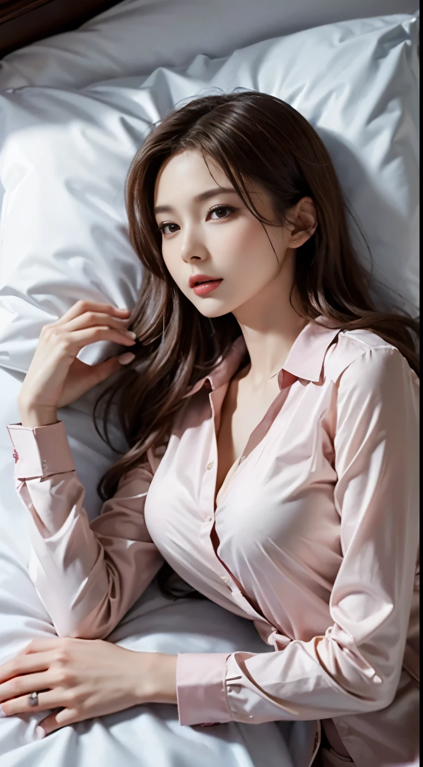 (Maria Ozawa), Cinematic Light, (masutepiece, of the highest quality, Best Quality, Beautiful and aesthetic:1.3), ighly detailed,highest details,(Ultra-detailed),,
From above,(( lying on bed)),
Solo, breasts, Silky long hair, (Brown hair), Roses were scattered all over the beds,
((Suit)), ((Shirt))