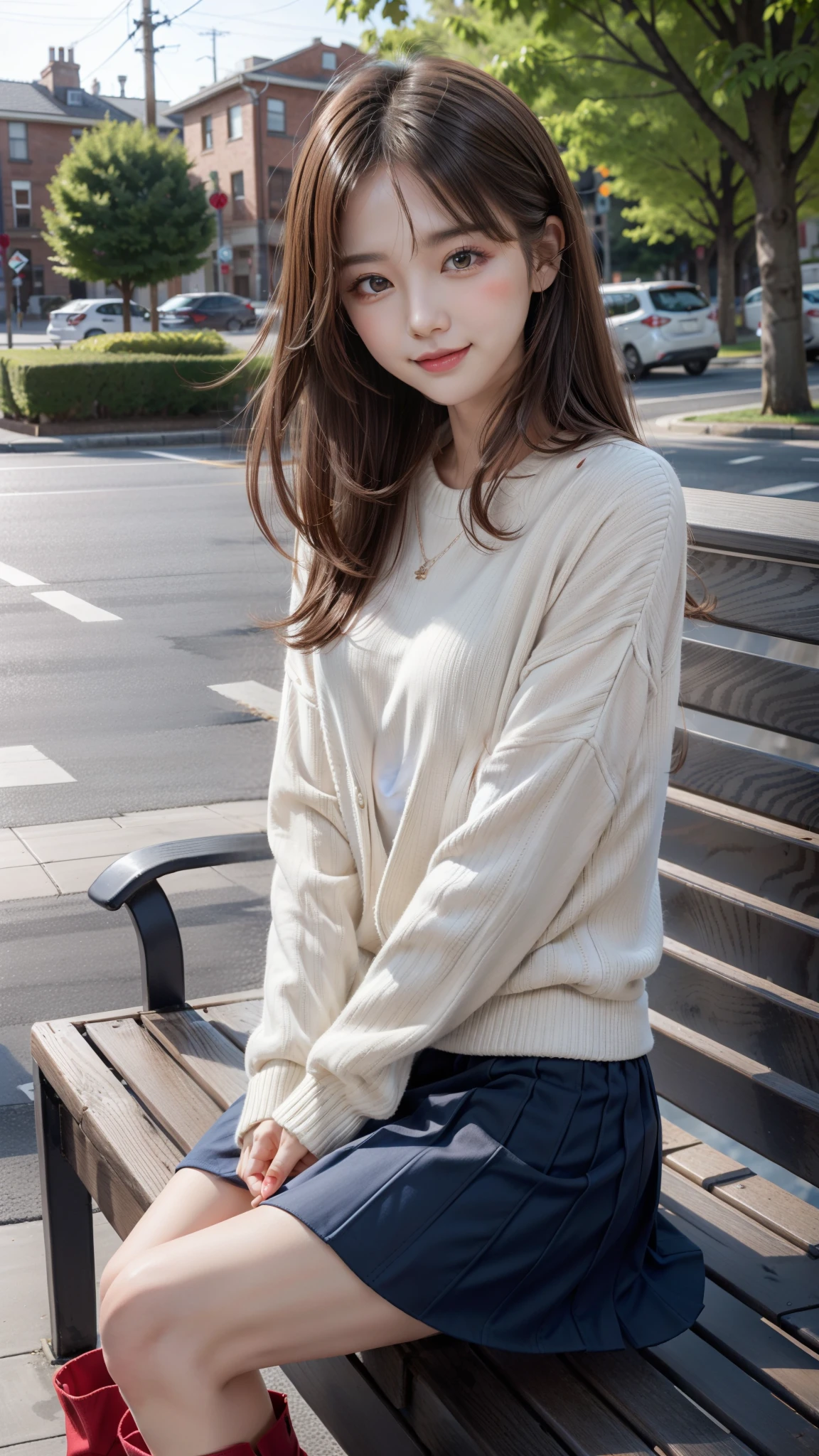 in 8K,Best Quality:1.4, 超A high resolution:1.5, (Photorealistic:1.4),masterpiece:1.2,(top-quality:1.4)、 Raw photo、Japan girls in casual clothes、Hi-Res、The ultra-detailliert、natural skin textures:1.3, realistic eyes and face details:1.7、nogizaka, cute face、30-years old:1.2、thighs thighs thighs thighs、beauty legs、Textured skin:1.2 、 (Shy smile:1.2)、Medium chest、Black eyes with beautiful details、(Casual clothing:1.2)、FULL BODYSHOT、Colored leaves、a miniskirt:1.2、is standing、autumnal、(Park on the hill)、beautful view、Backshots