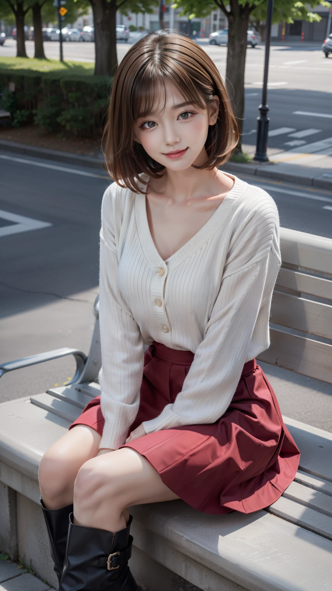 Photo taken by a professional photographer，laughter:1.5， wearing a sweater, short cut brown hair, young and cute girl, Wearing a flared skirt，Wear stylish boots，sit on a park bench:1.5，Flashy makeup with red eyeshadow，