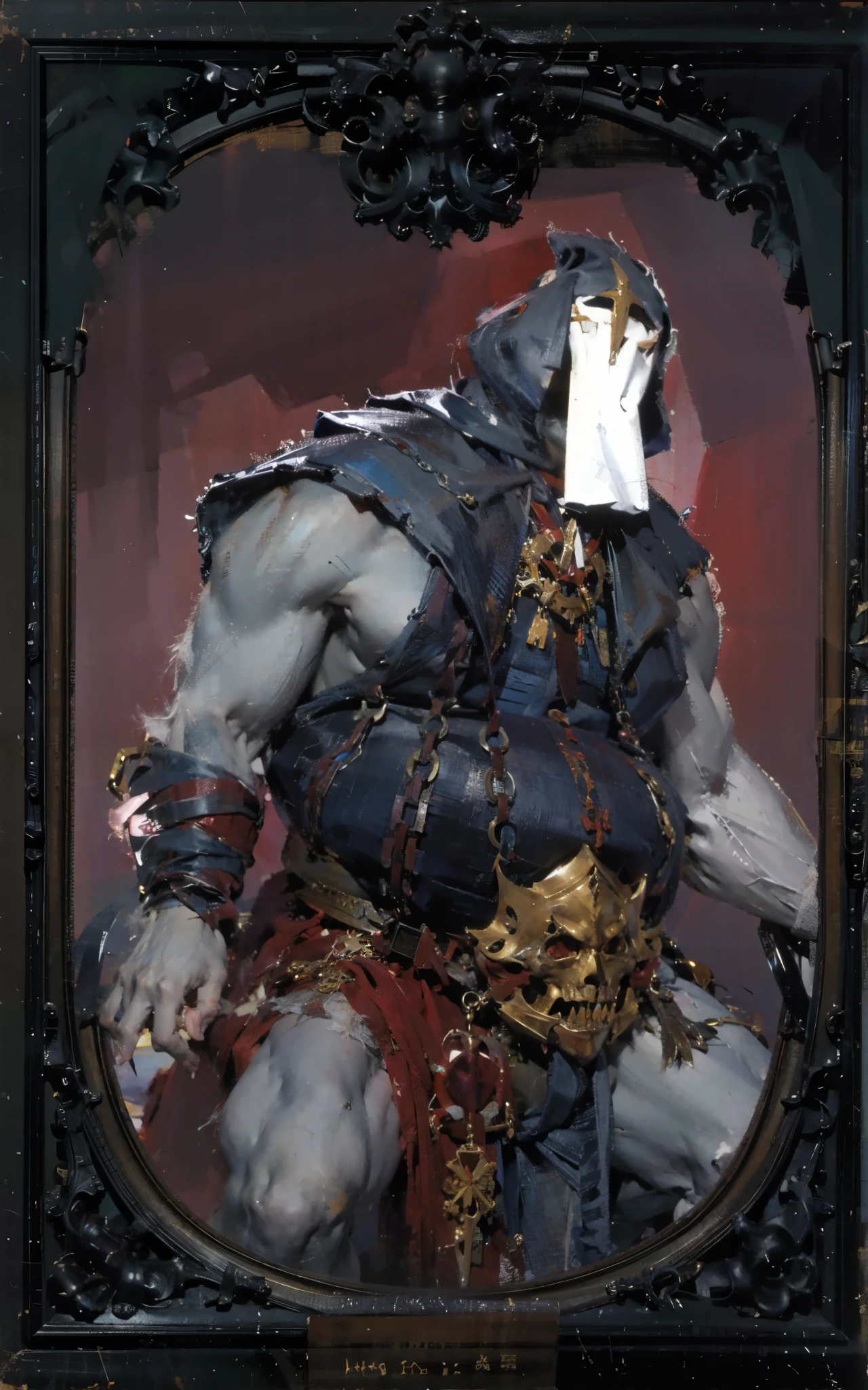 best quality,masterpiece,(painting:1.5),picture frame中体型巨大,First batch of white headscarves,Giant monsters,Humanoid monsters,Face covered by white cloth,White cloth covering face,The attire on his body shows that he belongs to the church,picture frame(Amy Sole:0.248),(Stanley Ategg Liu:0.106),(a detailed painting:0.353),(文艺复兴古典painting风格:0.8)